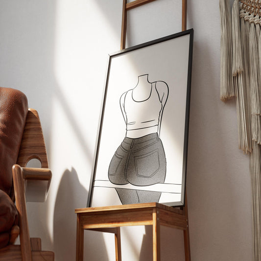 Line Art - Jeans Denim Model 74 poster in a wooden frame, featuring a minimalist illustration of a figure in a crop top and jeans.