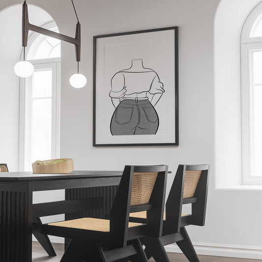 Line art illustration of a figure wearing loose off-shoulder top and fitted denim jeans.