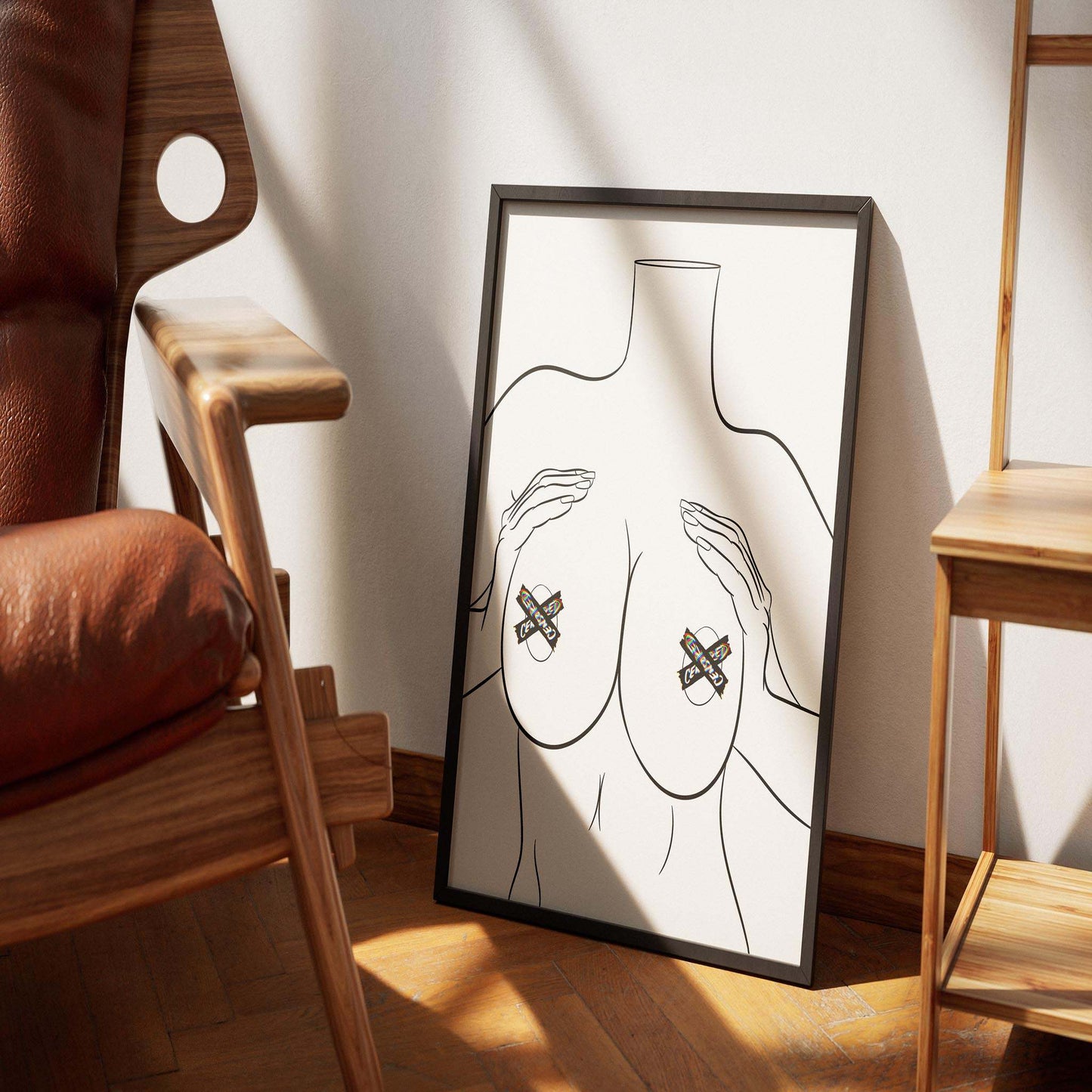 Bold pop art style line art print titled "Model 13" featuring abstract human form with censored elements, ideal for modern spaces.