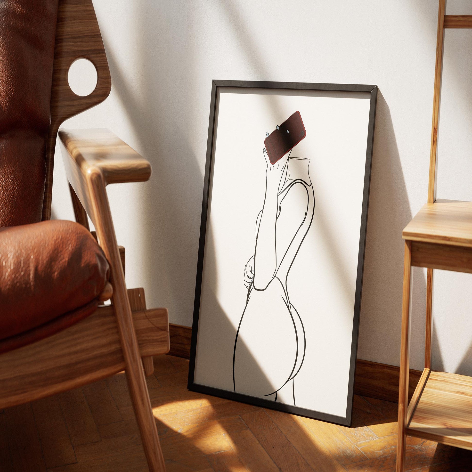 Model 14 Line Art in frame on wooden floor by chair, pop art digital print.