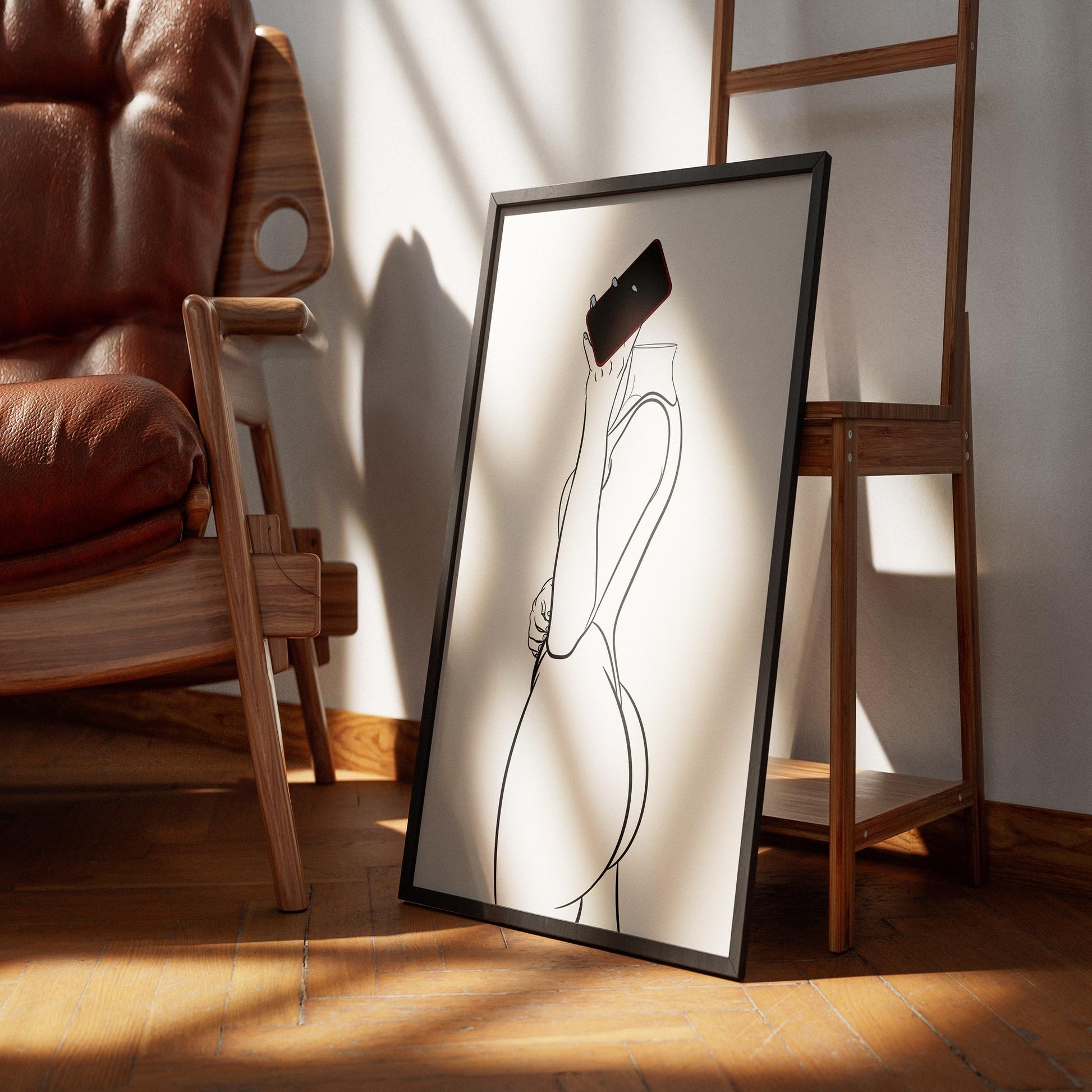 Digital pop art line drawing of a headless figure taking a selfie, framed and displayed in a modern setting.