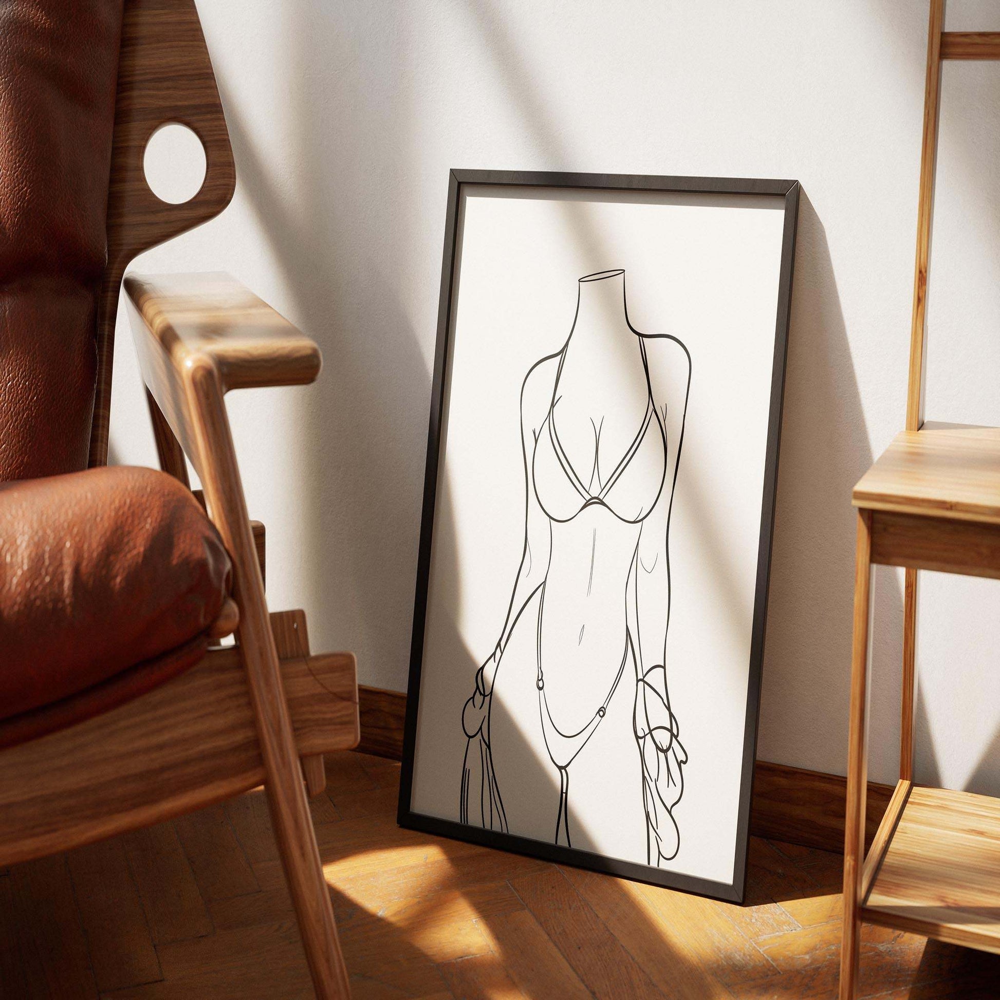 Elegant "Model 1 - Line Art" digitalized bikini artwork in wooden frame.