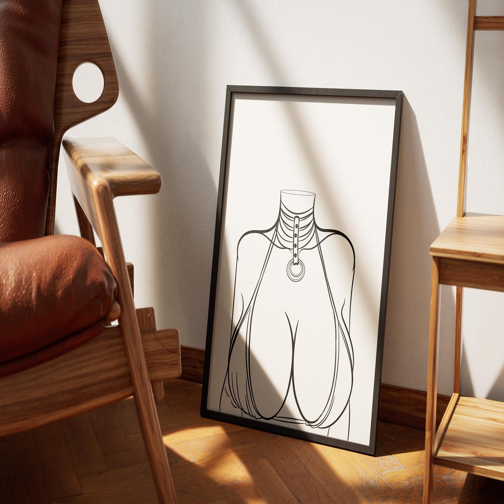 Neon green bikini and choker line art in frame, Model 24.