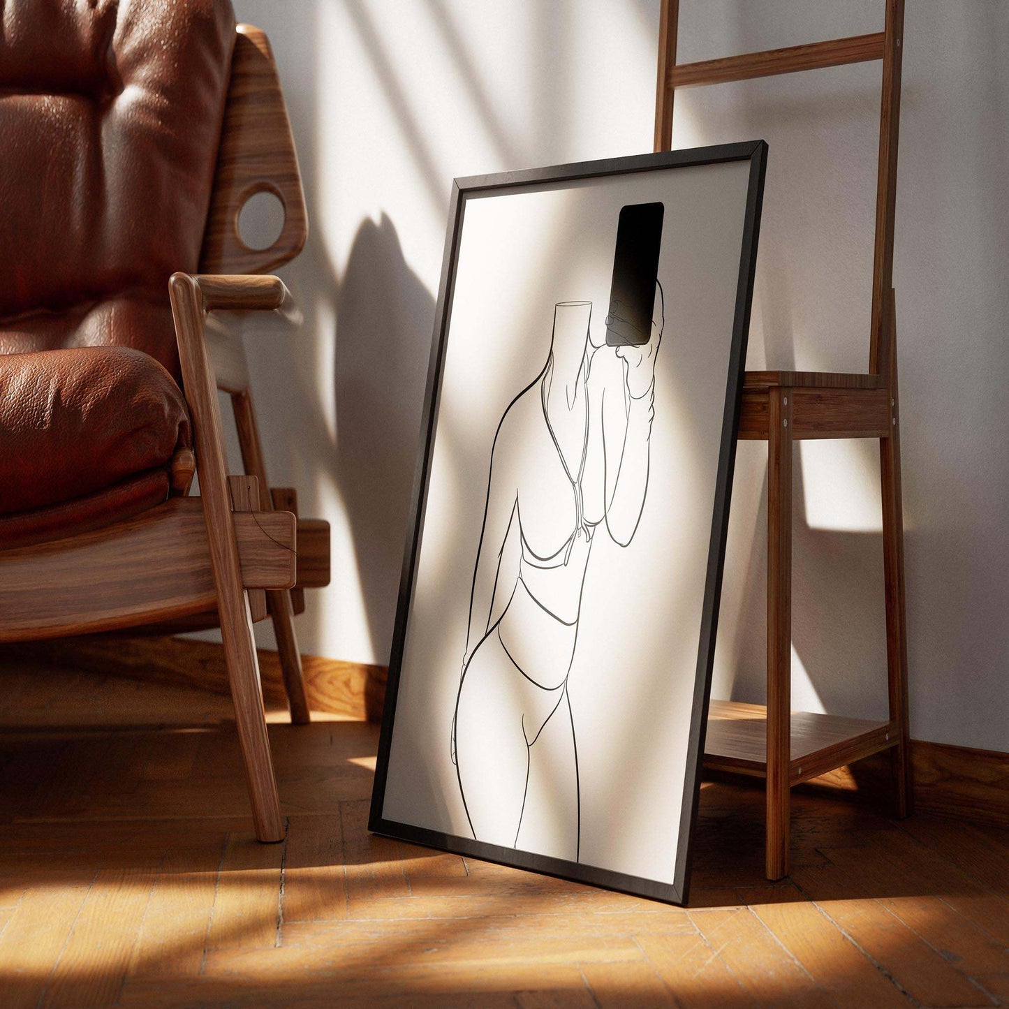 Athletic Model 29 - Modern Pop Art Line Art in a Frame on Wooden Floor
