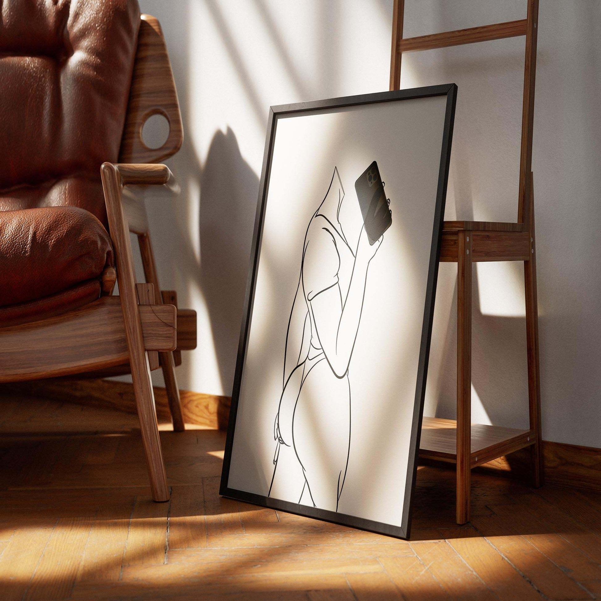 Modern digital line art of Model 32 with sleek lines and vibrant colors in a stylish frame.
