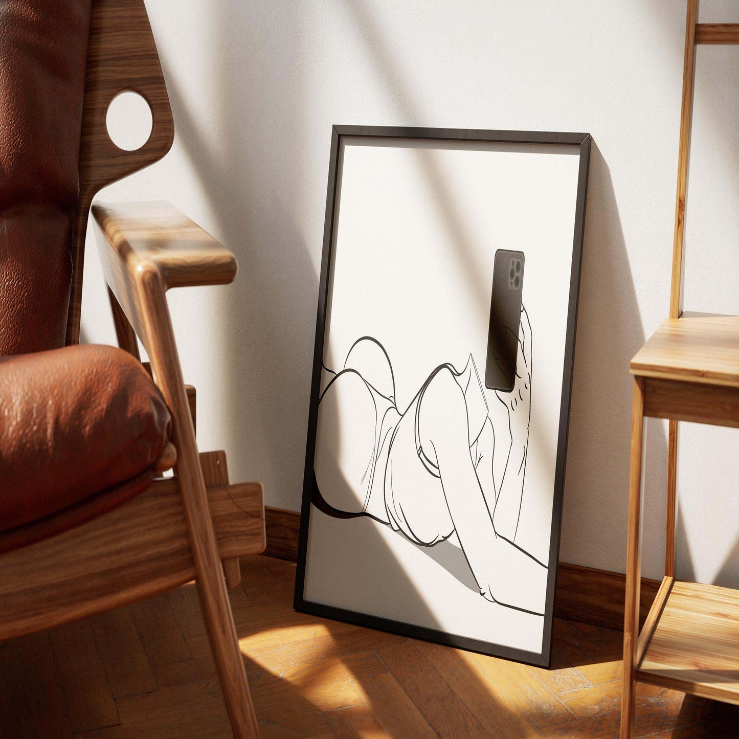 Digitalized arts line art of Model 36 in a laid-back pose displayed in a framed illustration.