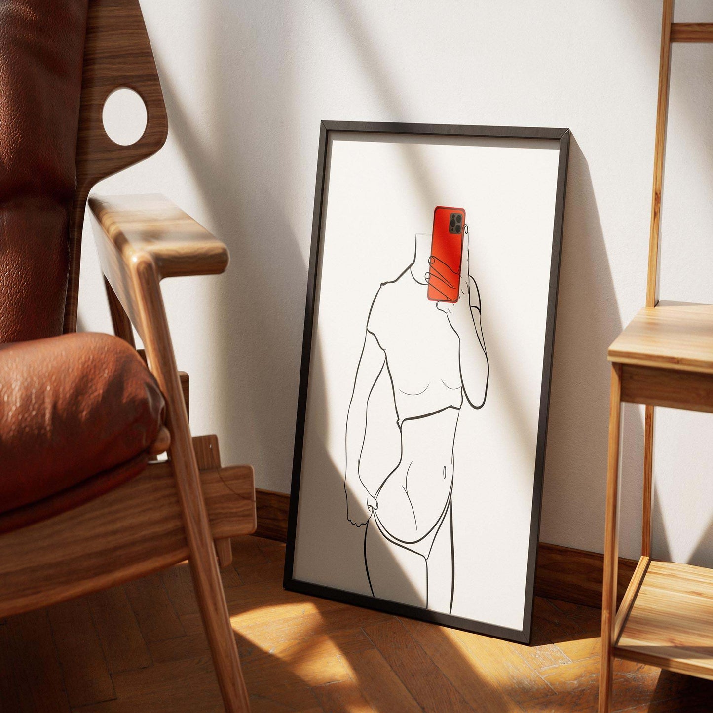 Digital line art of a model taking a selfie, framed and placed in a well-lit room.