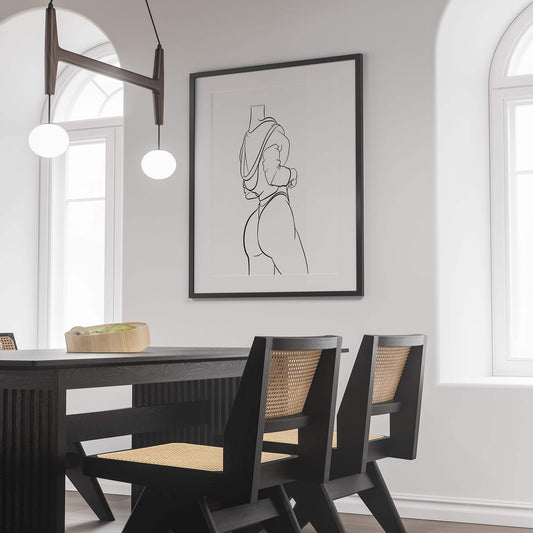 Line art illustration of Model 43 on wall in modern dining room setting.