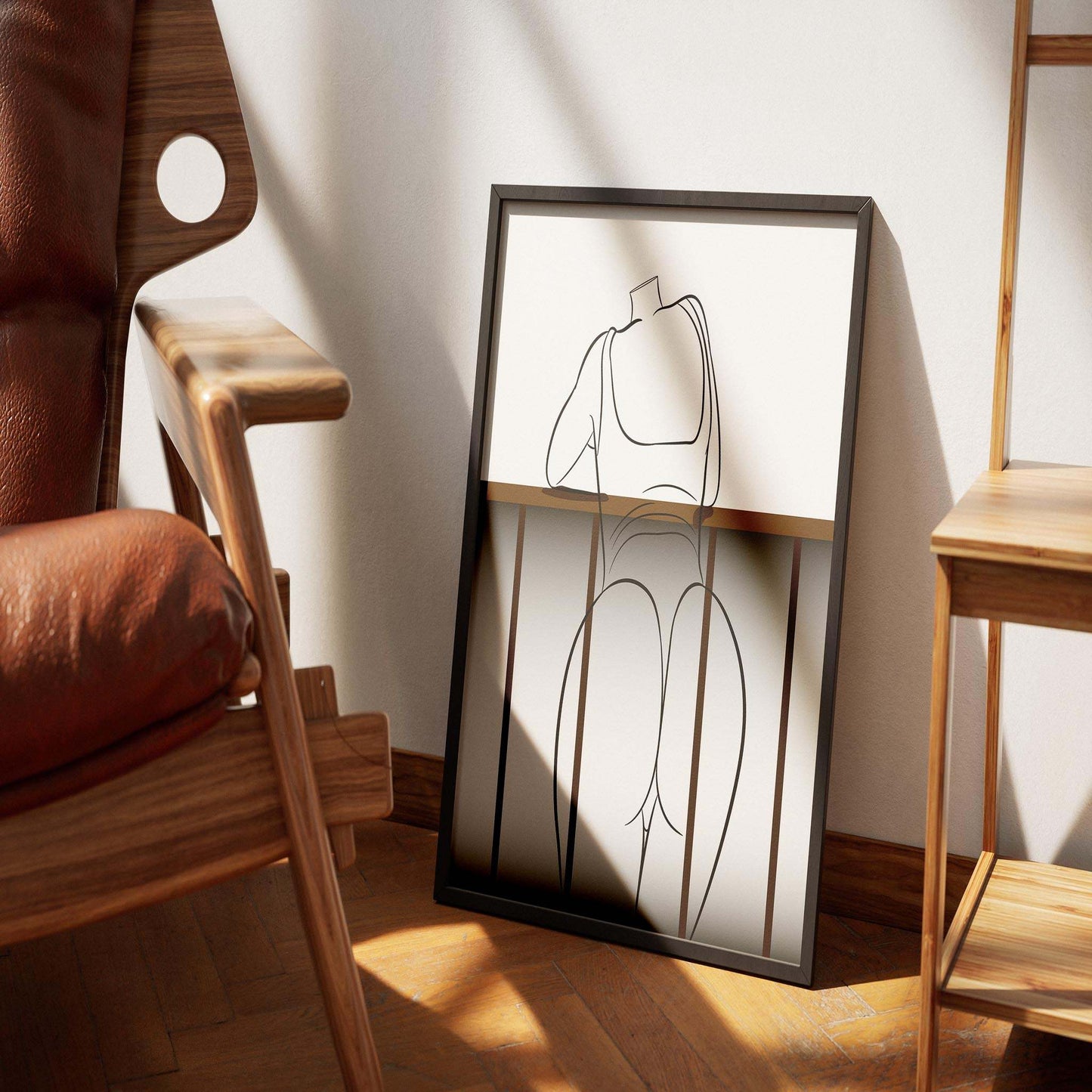 Digital line art of Model 45 in bikini, framed and displayed in modern interior.