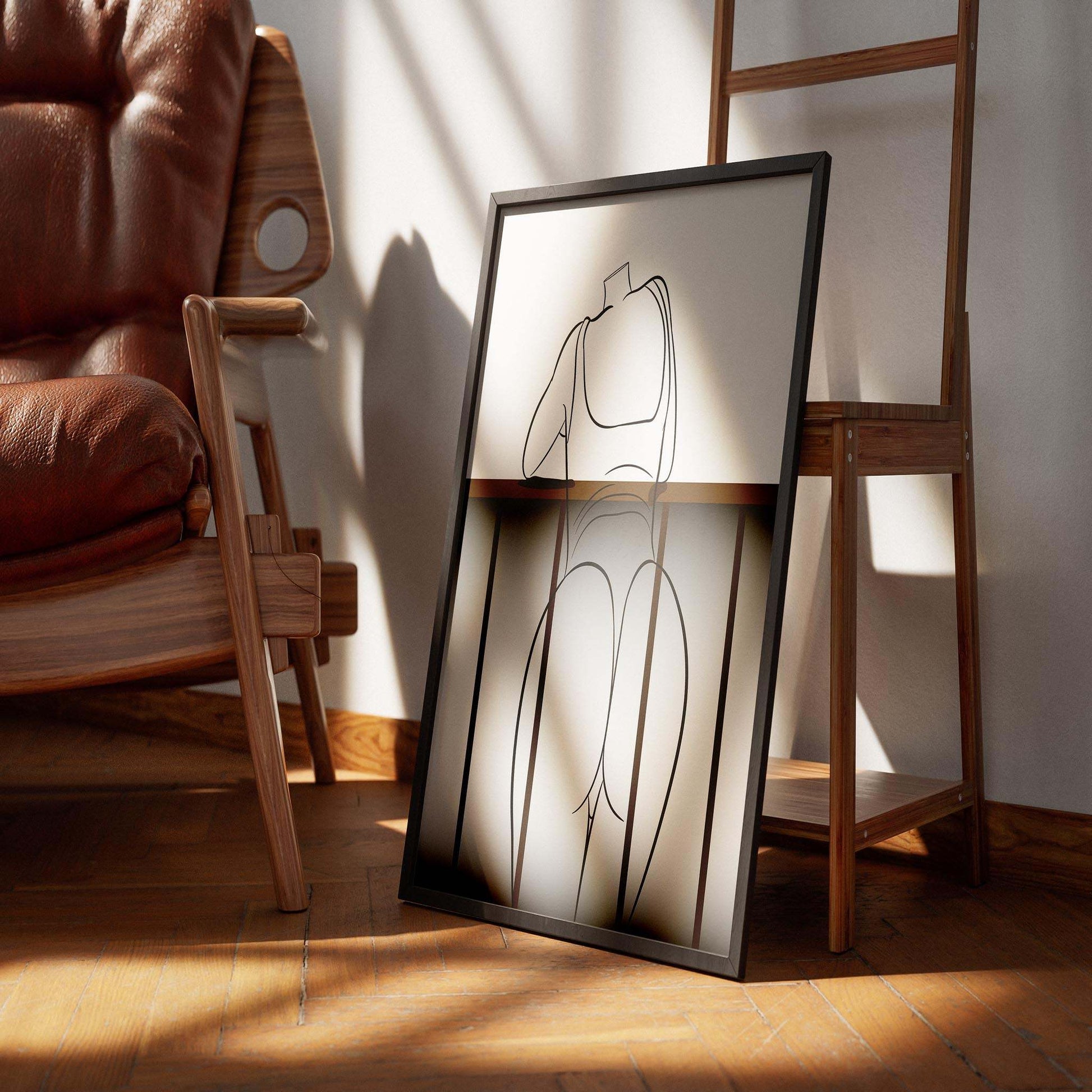 Digital line art of a bold character model in a bikini, highlighting curves and shading, with a modern aesthetic.