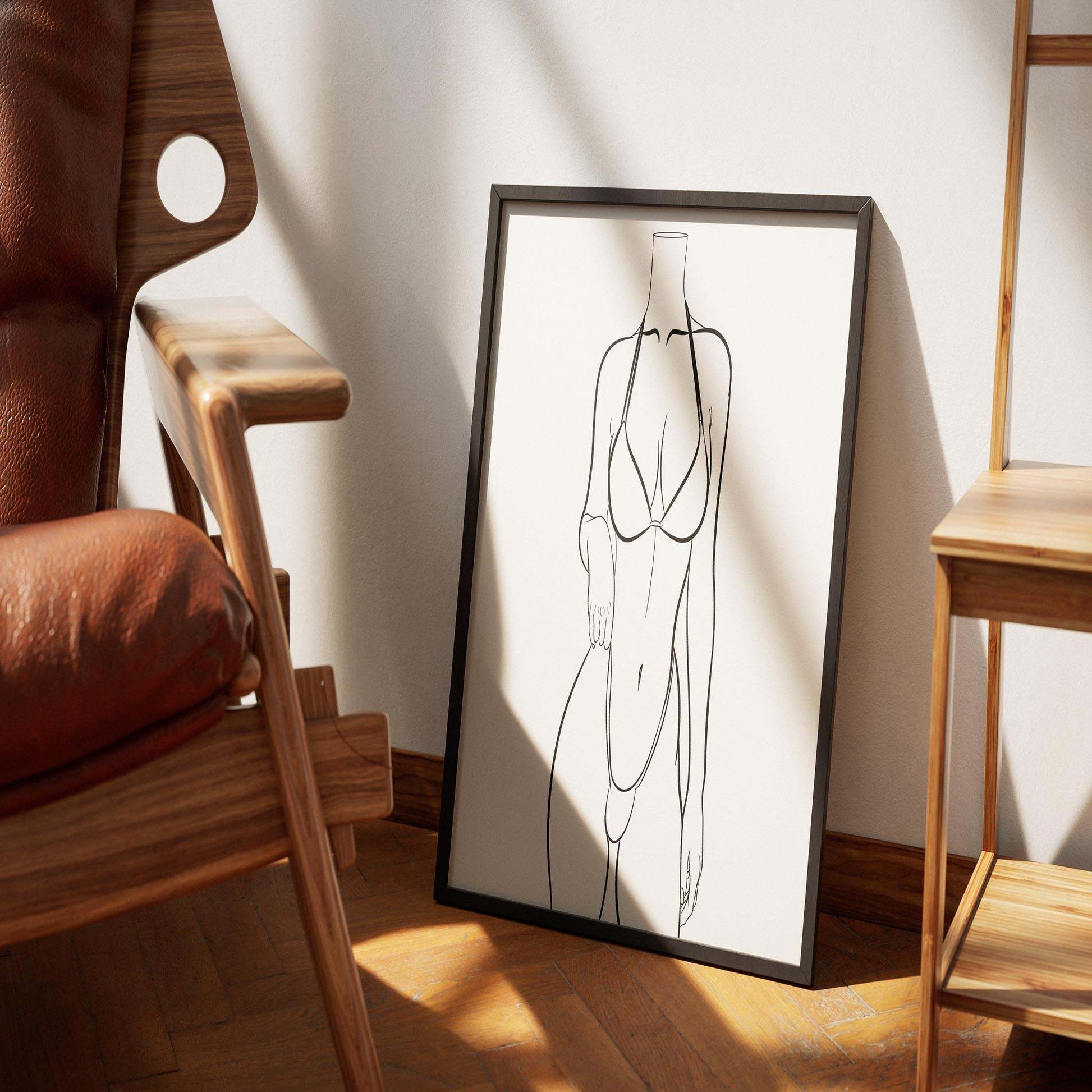 Stylized minimalist bikini line art in elegant modern setting.