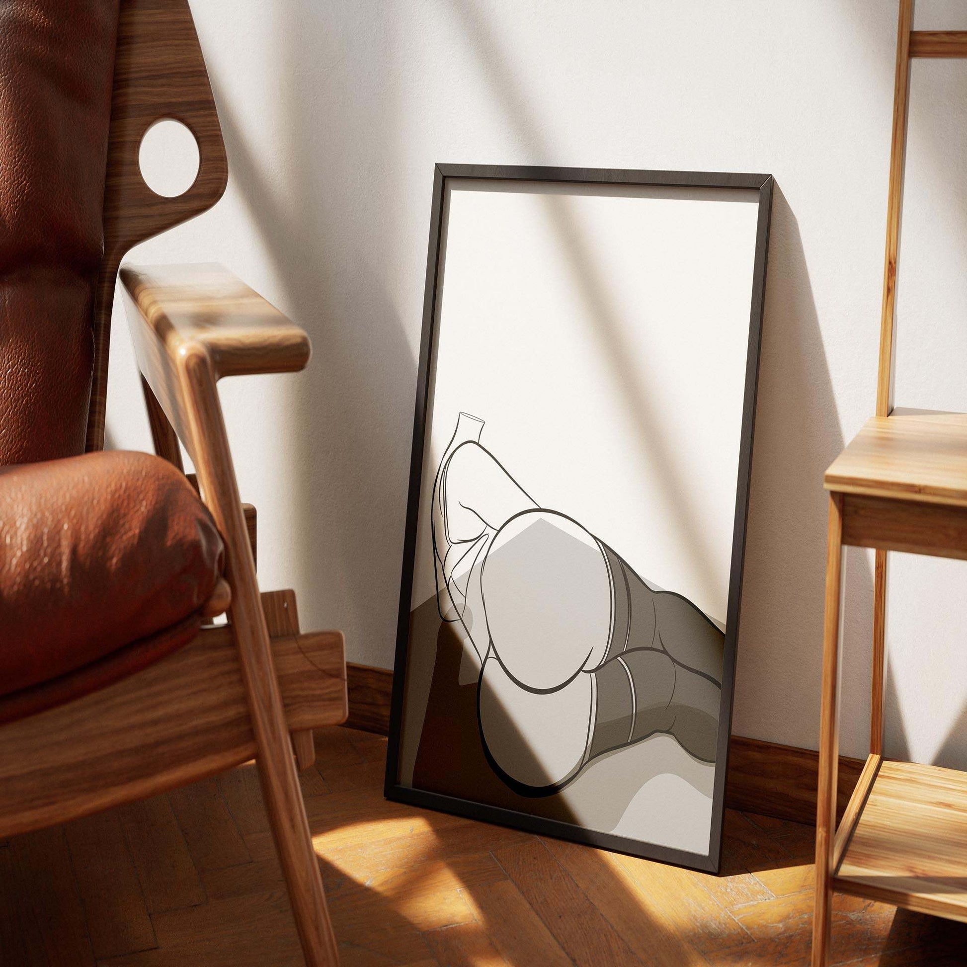 Model 55 - Line Art digital artwork framed on the floor in a sunlit room.
