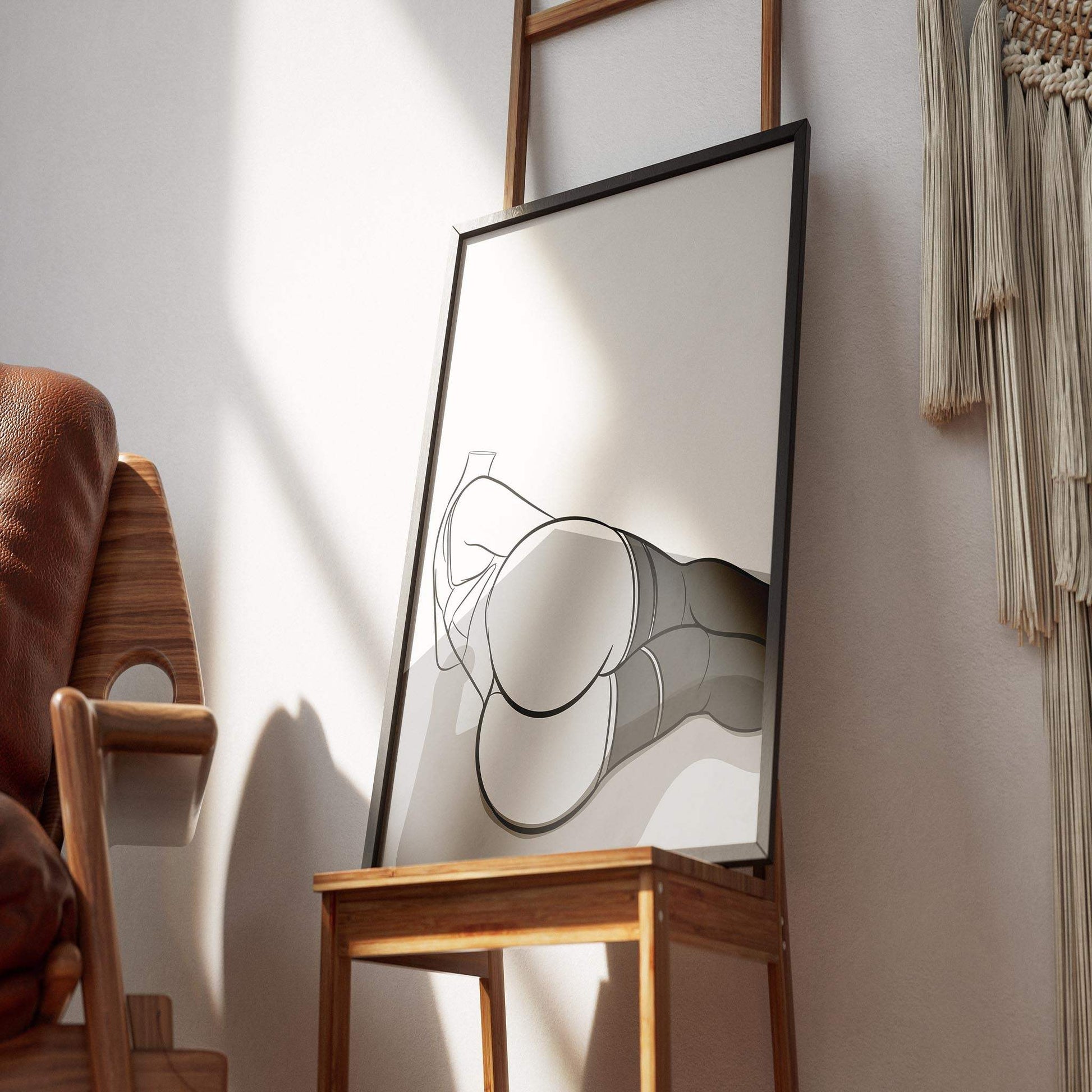 Digital artwork titled "Model 55 - Line Art" featuring a curvy pose with detailed shading, displayed on a wooden chair.