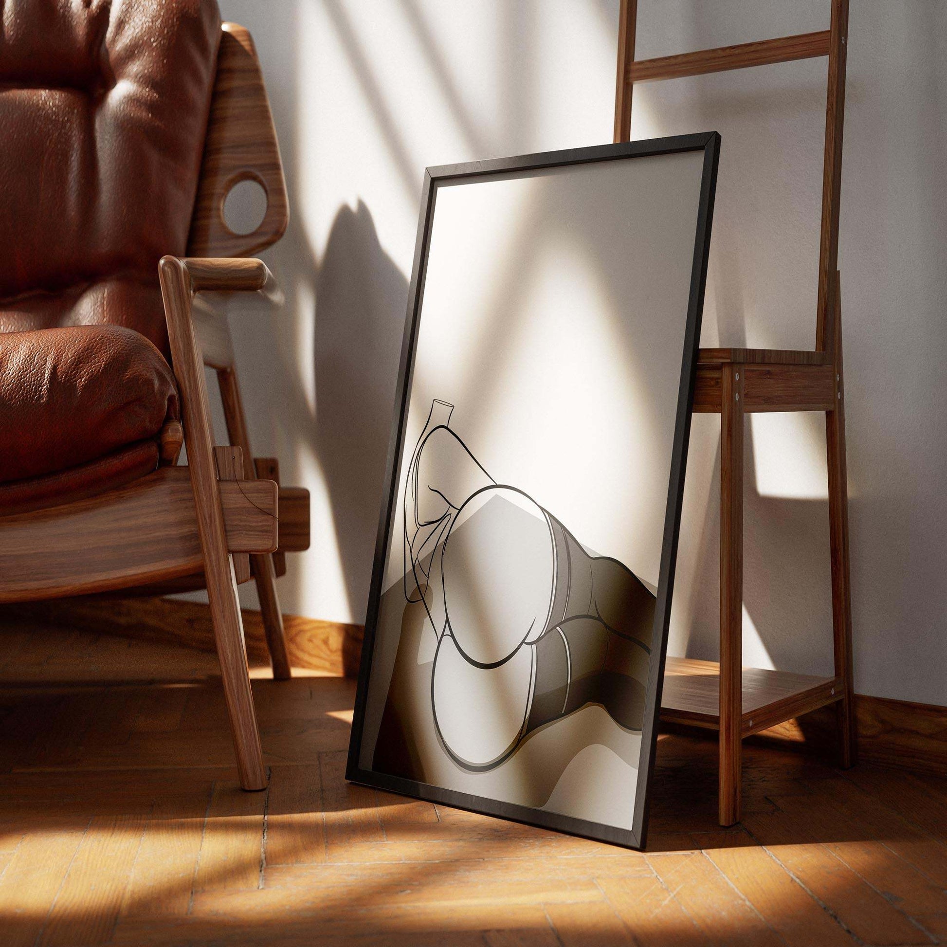 Digital line art of Lingerie Model 55 displayed in a frame, showcasing detailed shading and clean lines.