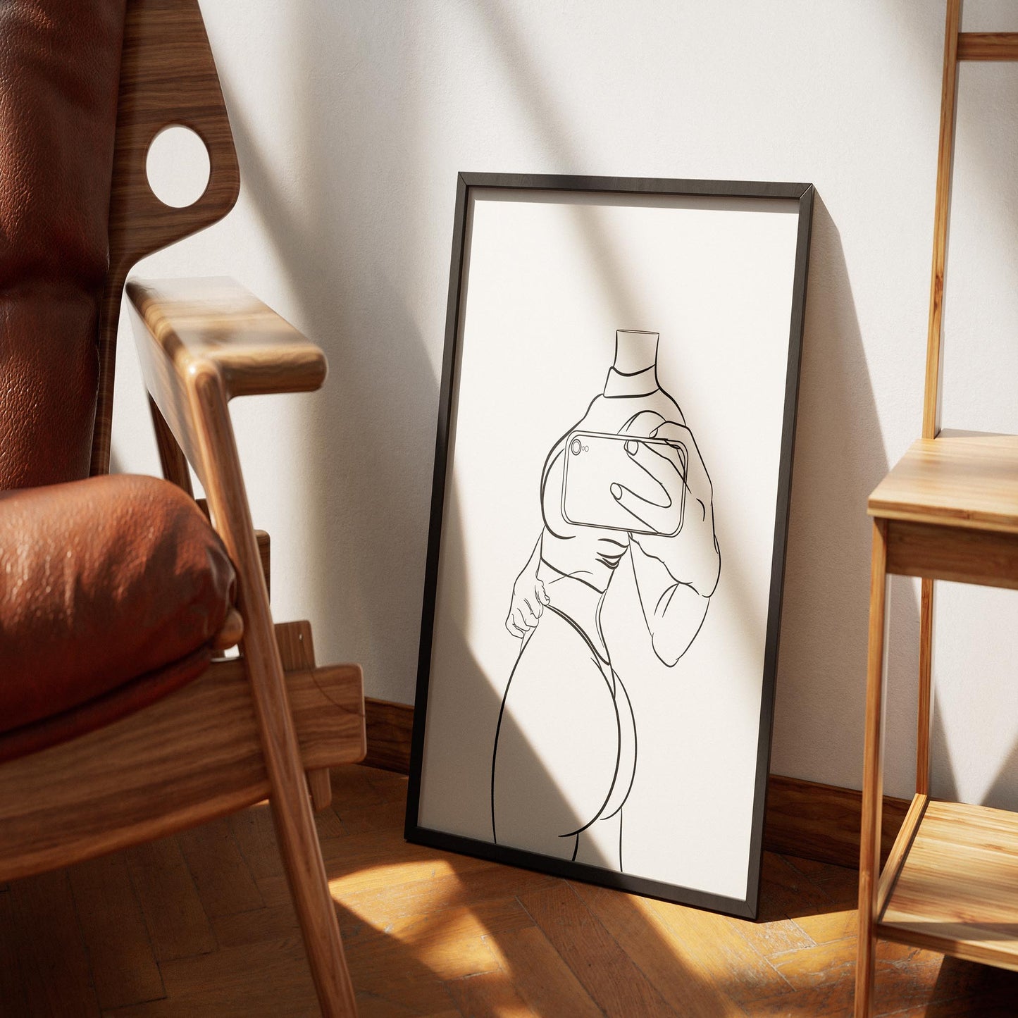 Digital line art of a stylized female figure taking a selfie, framed on the floor in a modern interior setting.