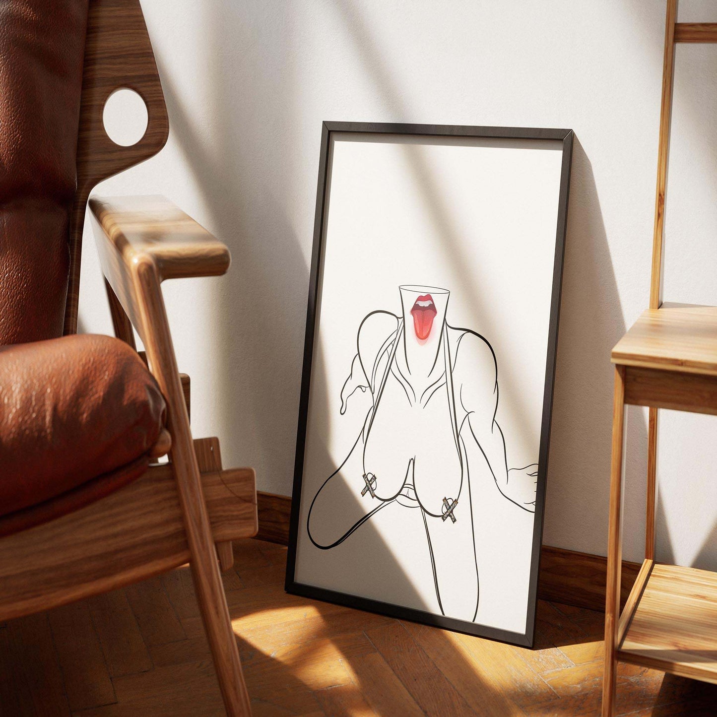Line Art - Model 64 digital artwork displayed in a room, showcasing bold and edgy sensuality.