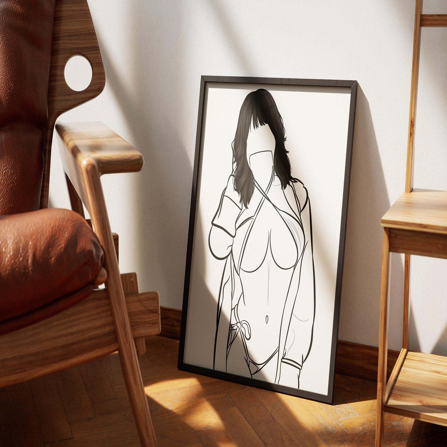 Line Art - Model 76 digital illustration in a wooden frame, featuring intricate black and white linework.