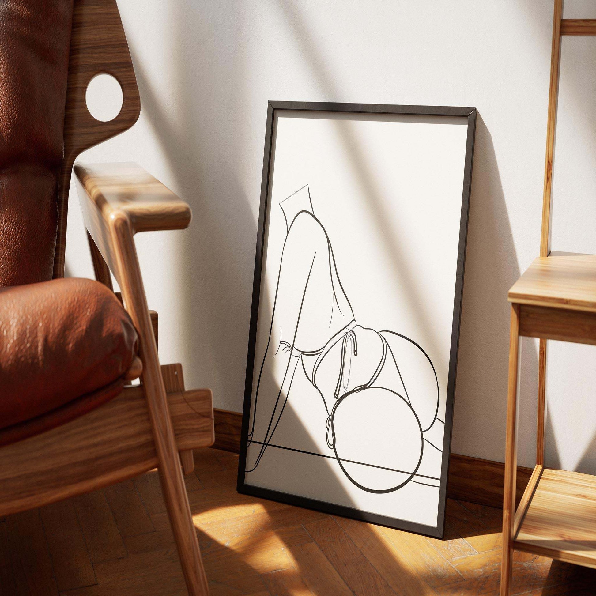 Framed digital line art of Model 8 showcasing a dynamic pose in vibrant swimwear, perfect for modern decor.