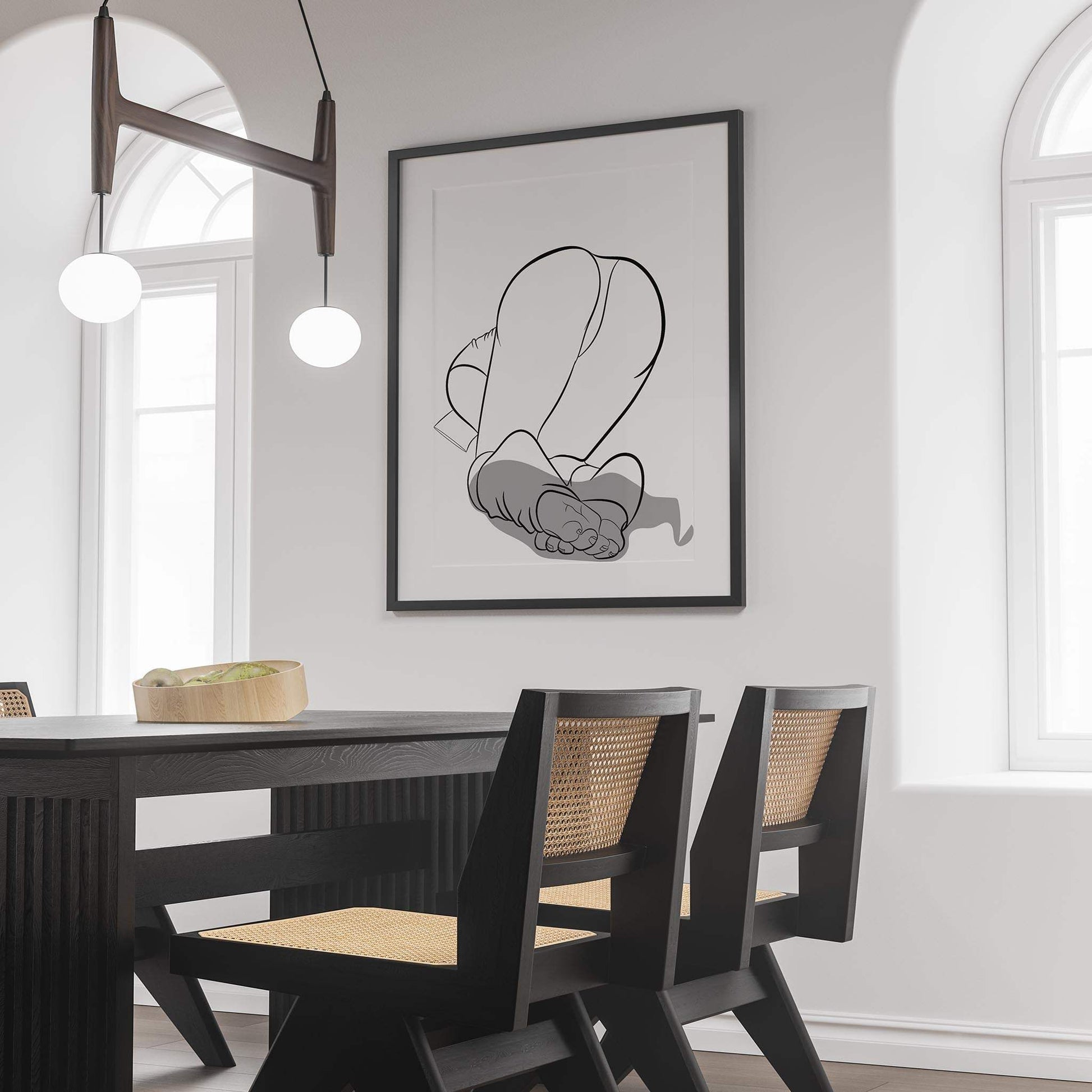 Framed digital line art portraying Model 9 in modern dining room setting.