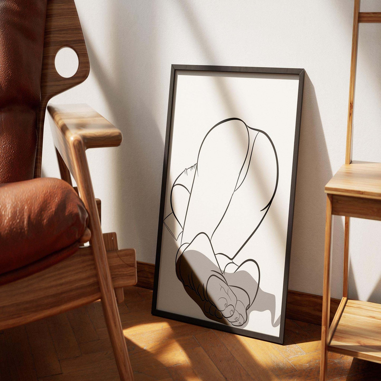 Digital artwork of Model 9 in line art, framed and resting on a wooden floor near furniture, showcasing sensual curves and bold design.