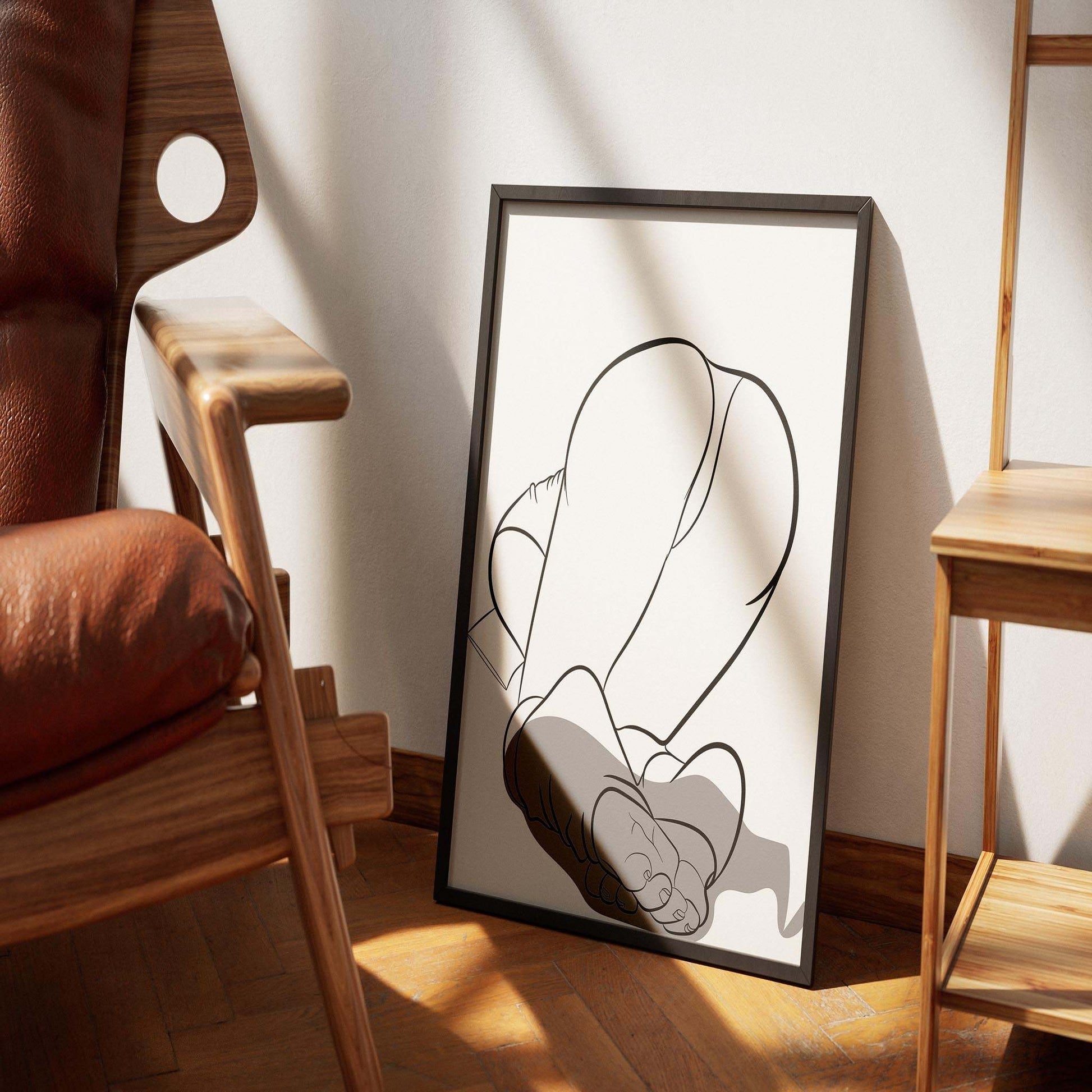 Digital artwork of Model 9 in line art, framed and resting on a wooden floor near furniture, showcasing sensual curves and bold design.