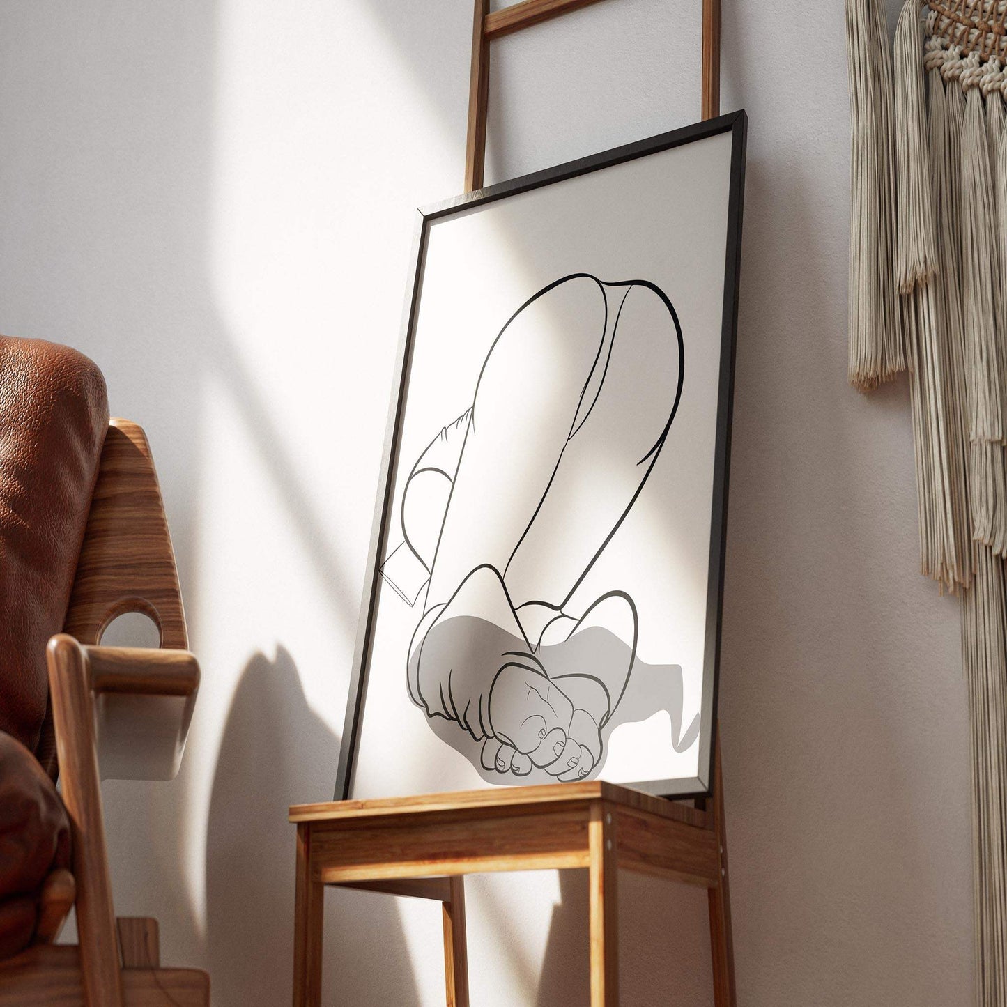 Lingerie Model 9 line art displayed on easel in modern room.