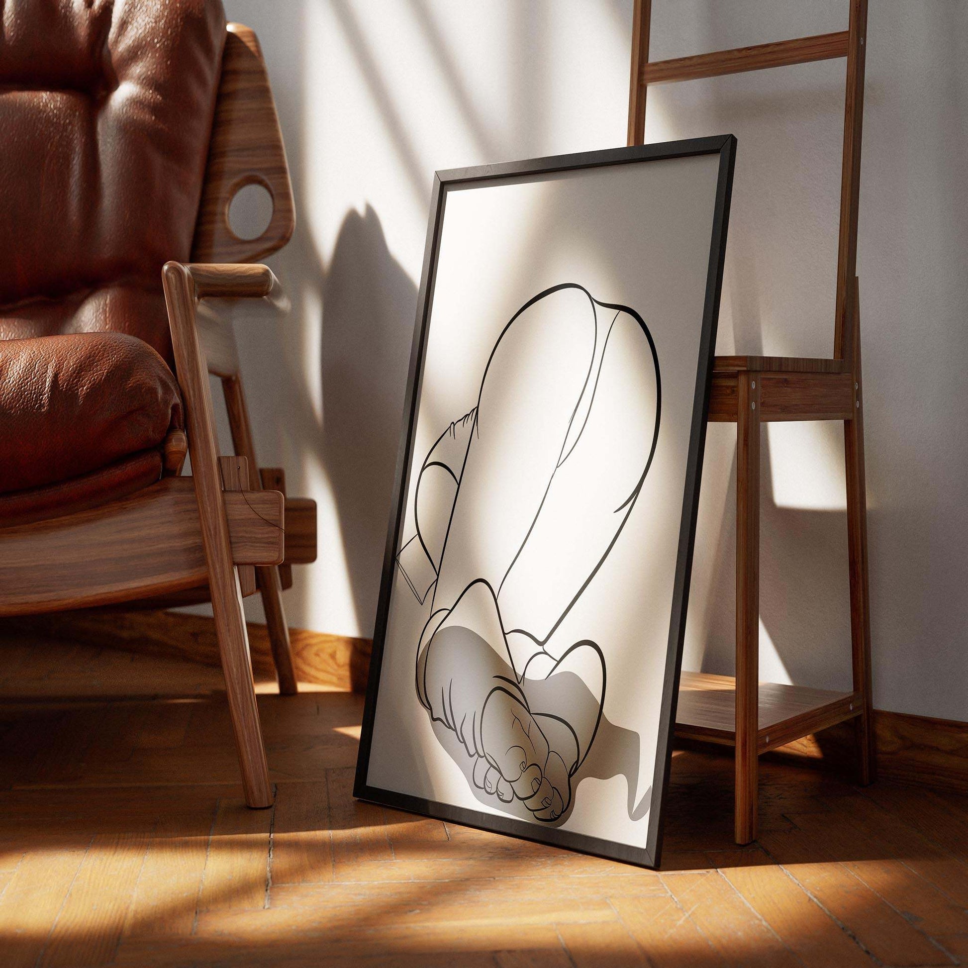 Digitalized Arts Model 9 - Line Art framed artwork on a wooden floor, highlighting sensual curves and vibrant design.