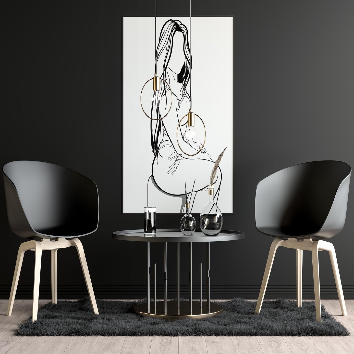 Character and human faces model 11 line art, elegant seated woman, digital illustration.