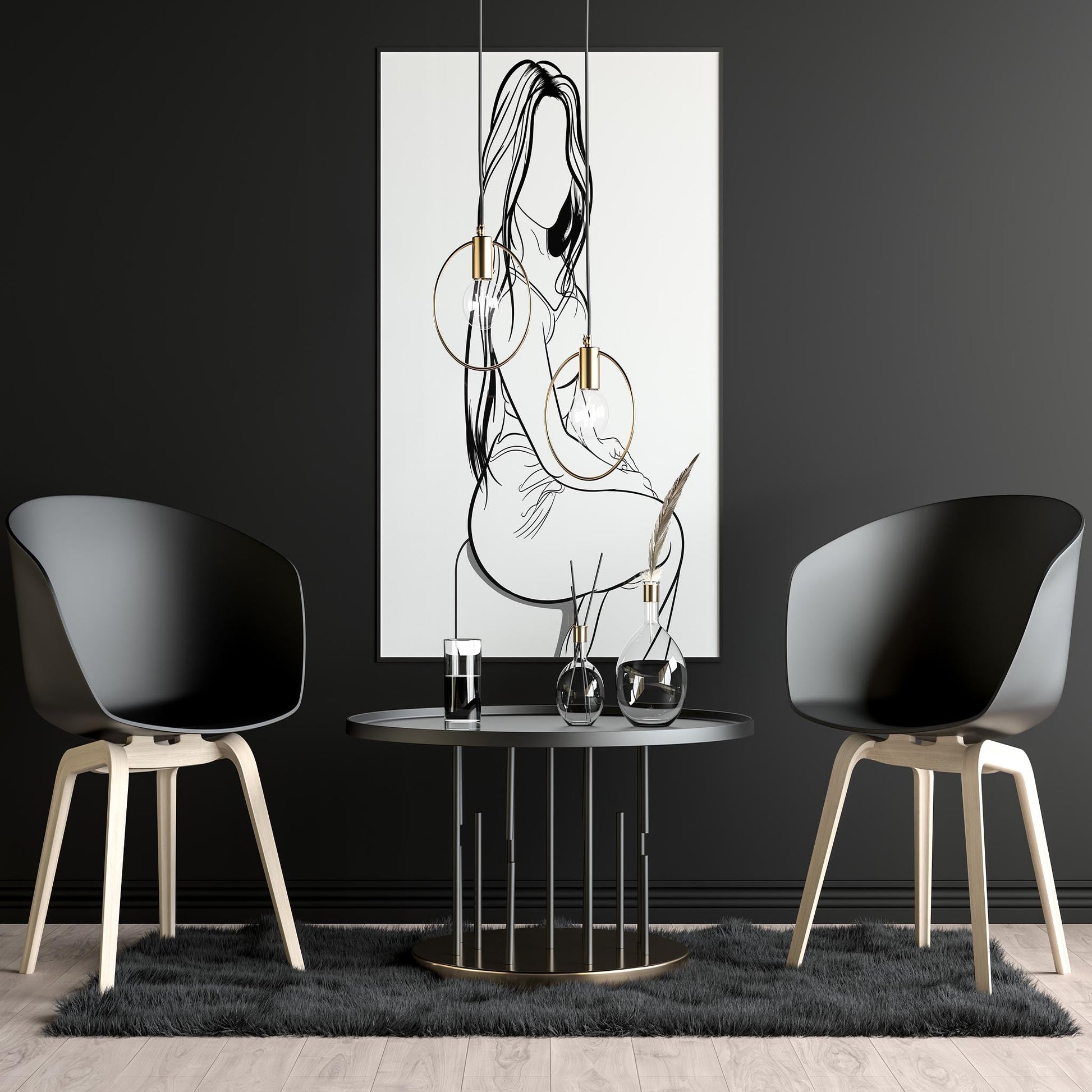 Character and human faces model 11 line art, elegant seated woman, digital illustration.