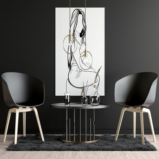 Character and human faces model 11 line art, elegant seated woman, digital illustration.