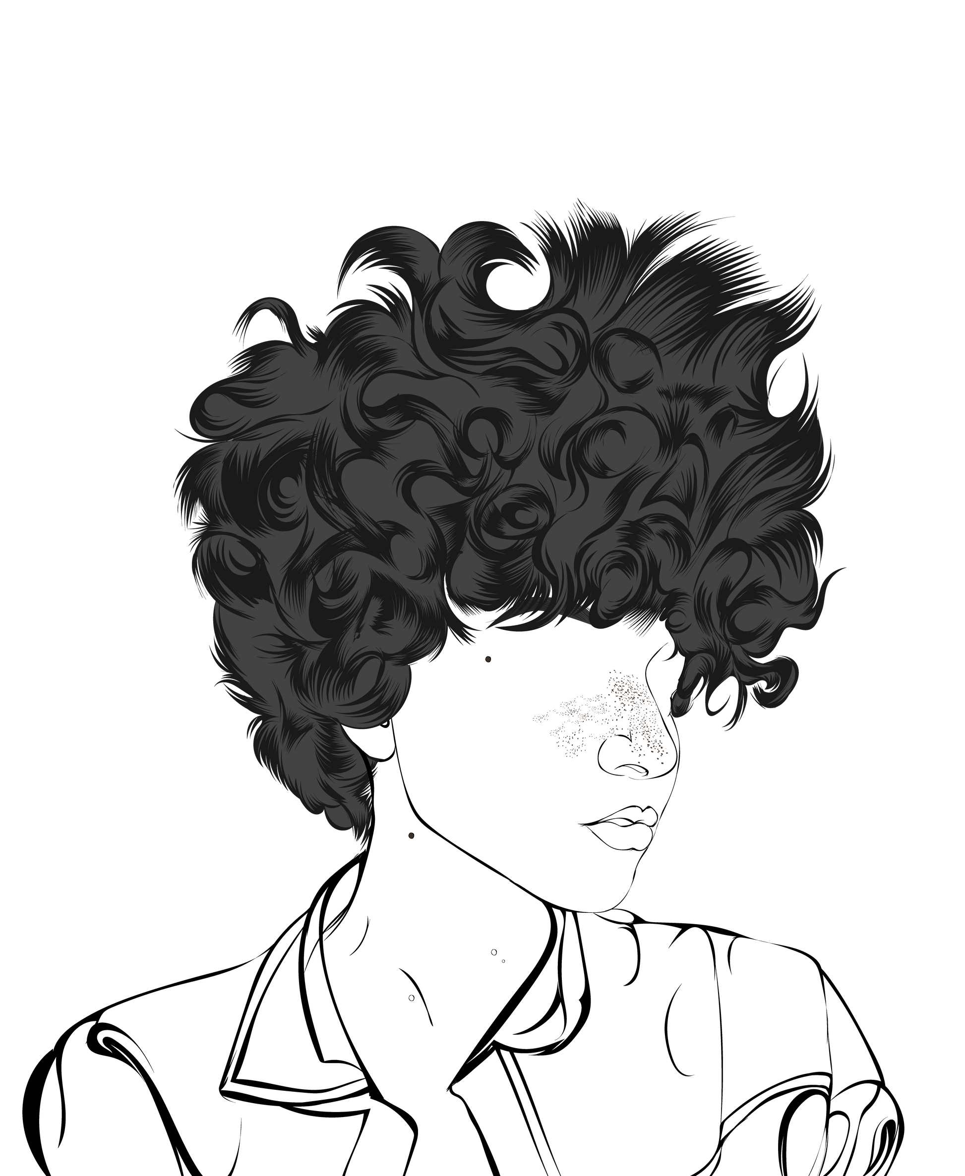 Character and human faces model 13 line art featuring detailed curly hair.