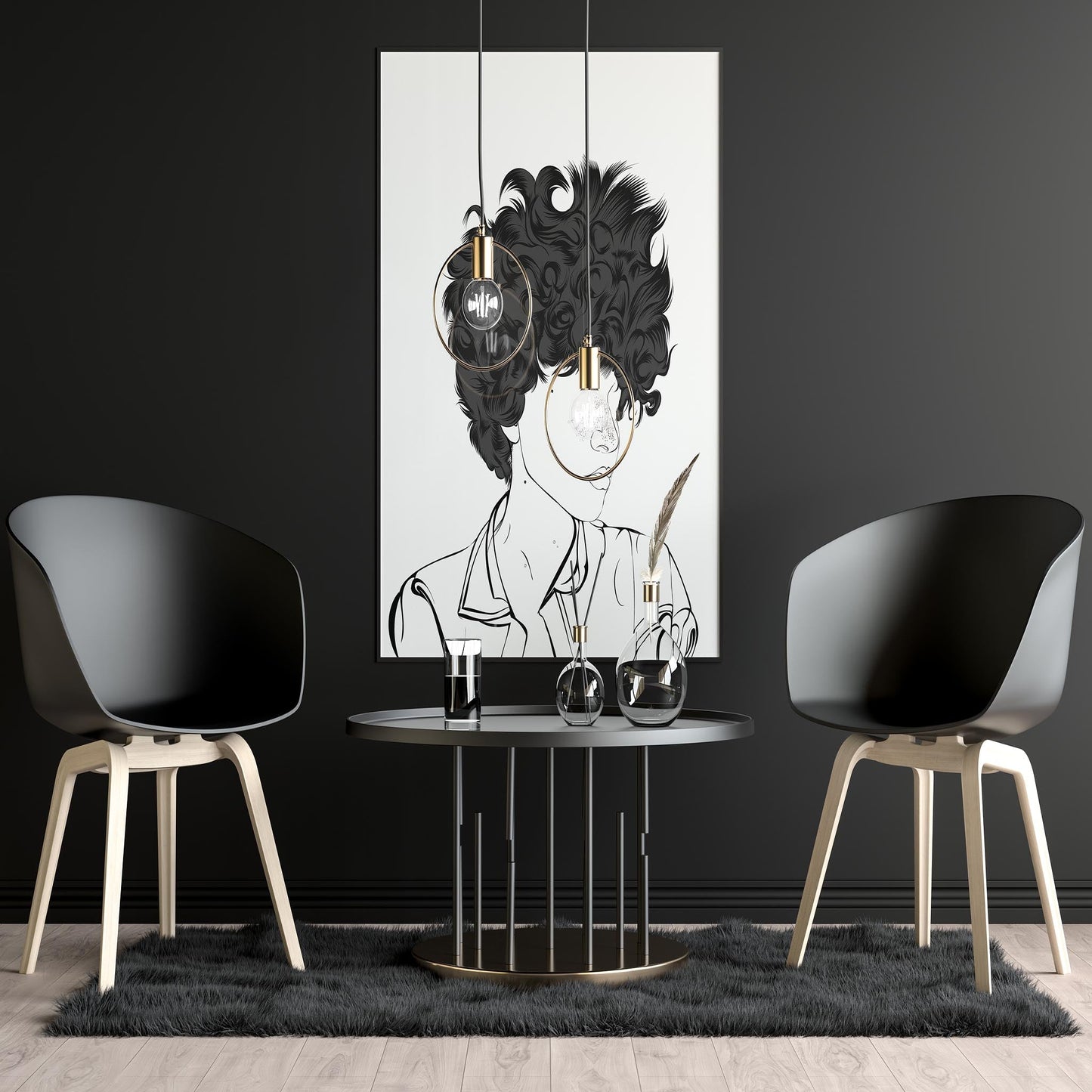 Character & Human Faces Model 13 line art poster with curly hair displayed in modern room setting.