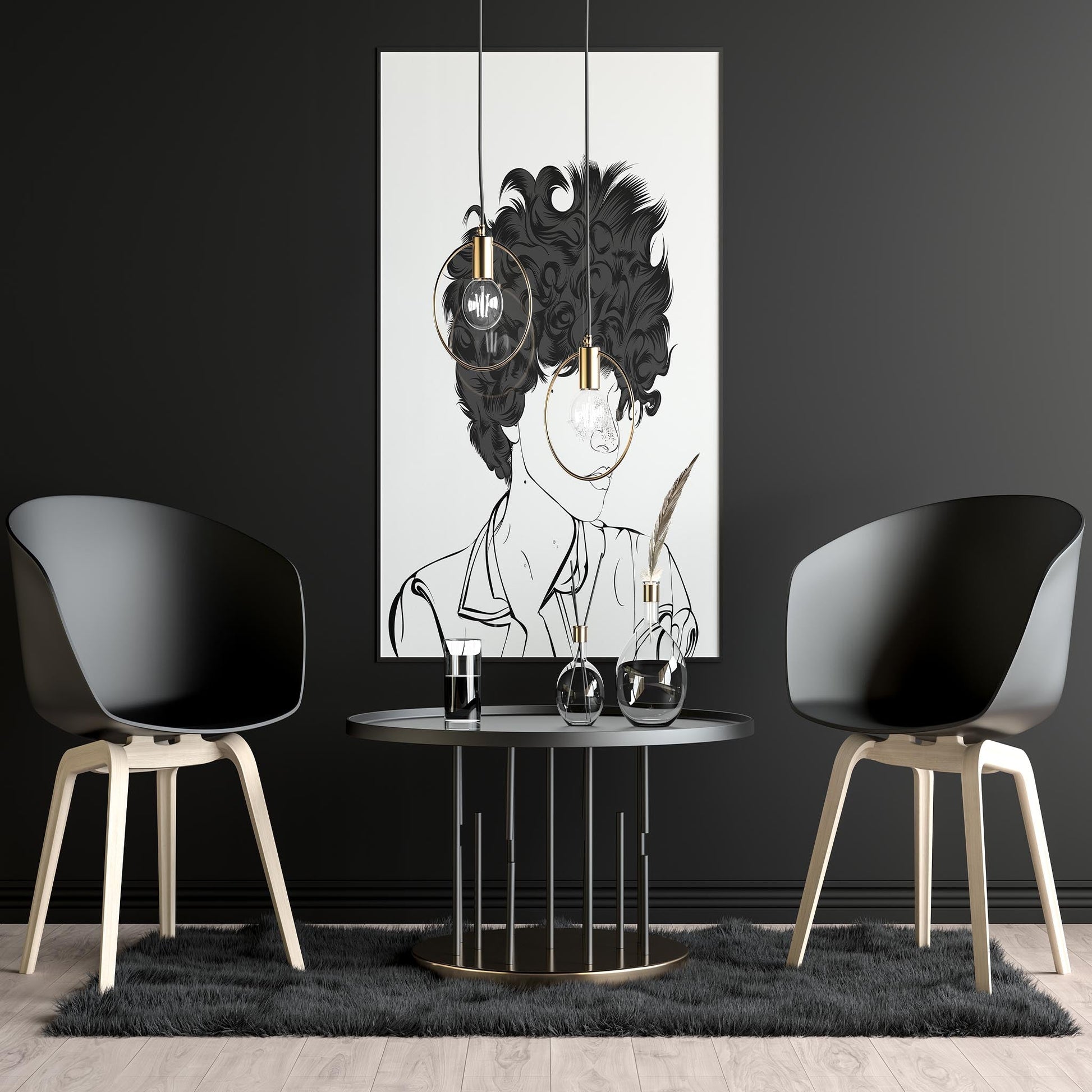 Character & Human Faces Model 13 line art poster with curly hair displayed in modern room setting.