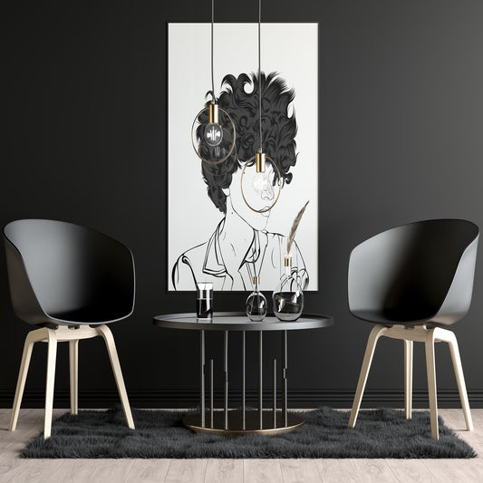 Character & Human Faces Model 13 line art poster with curly hair displayed in modern room setting.