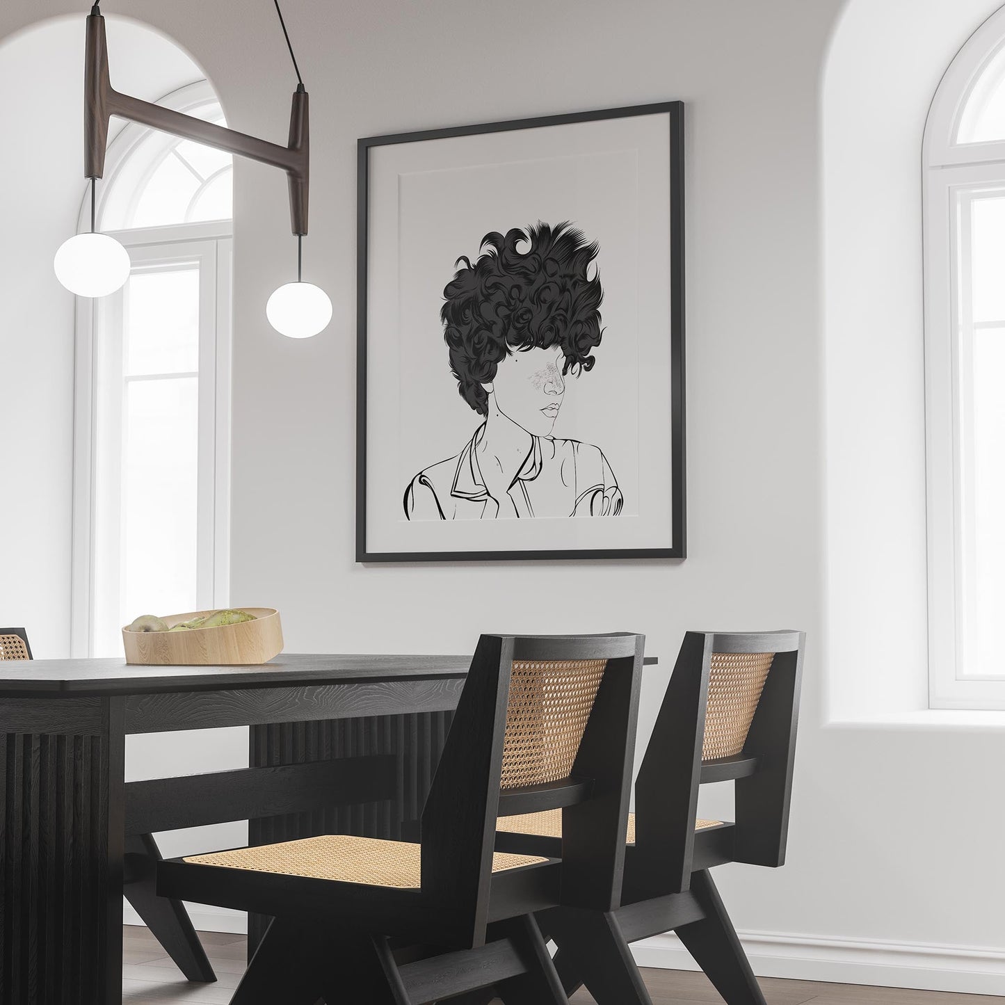 Curly hair line art portrait in stylish modern dining room.