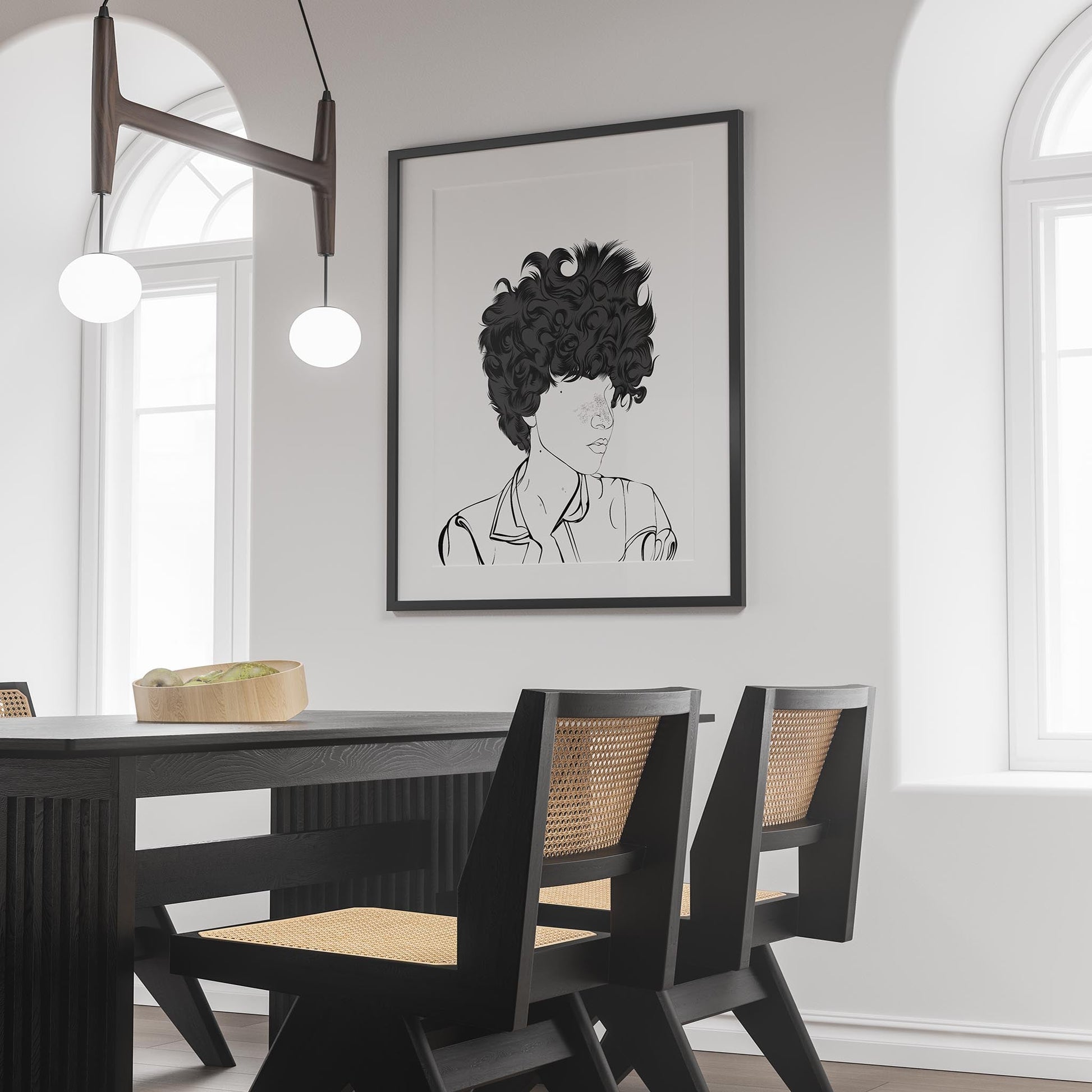 Curly hair line art portrait in stylish modern dining room.