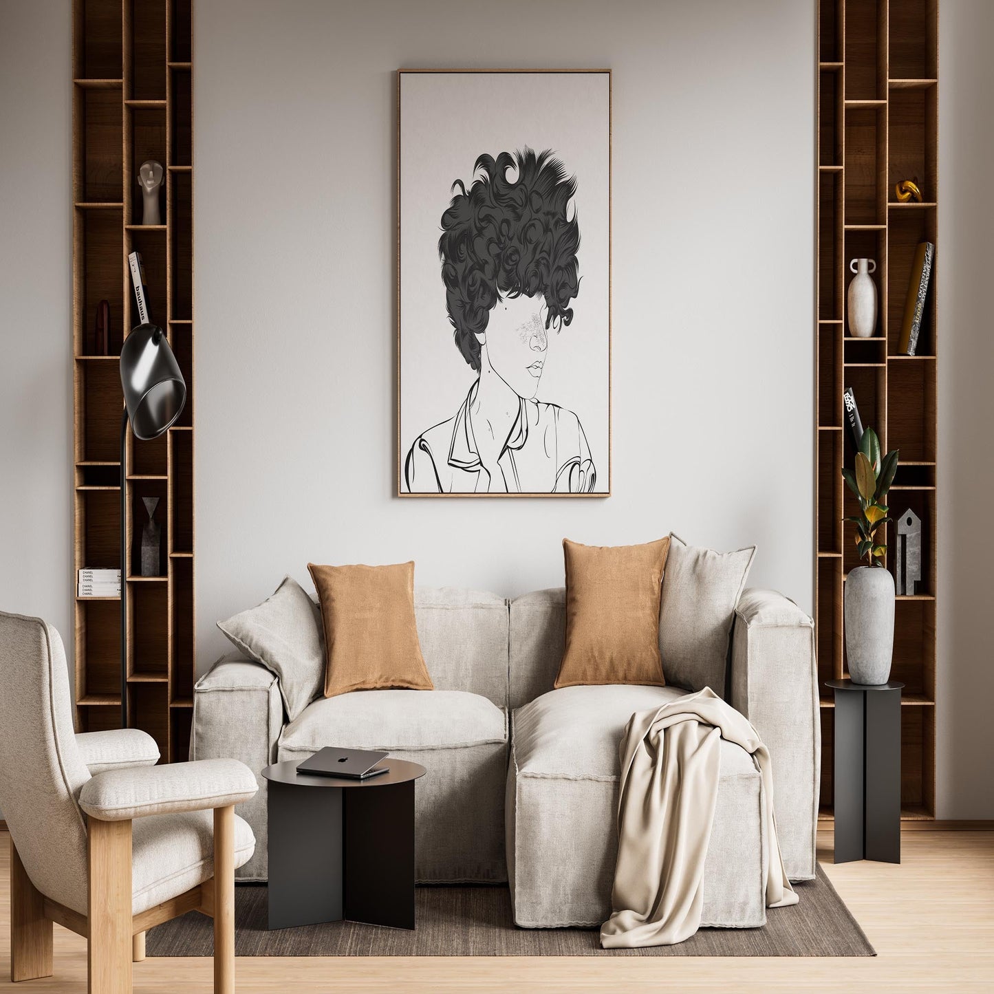 Detailed line art of a character with curly hair, displayed in a modern living room setting.