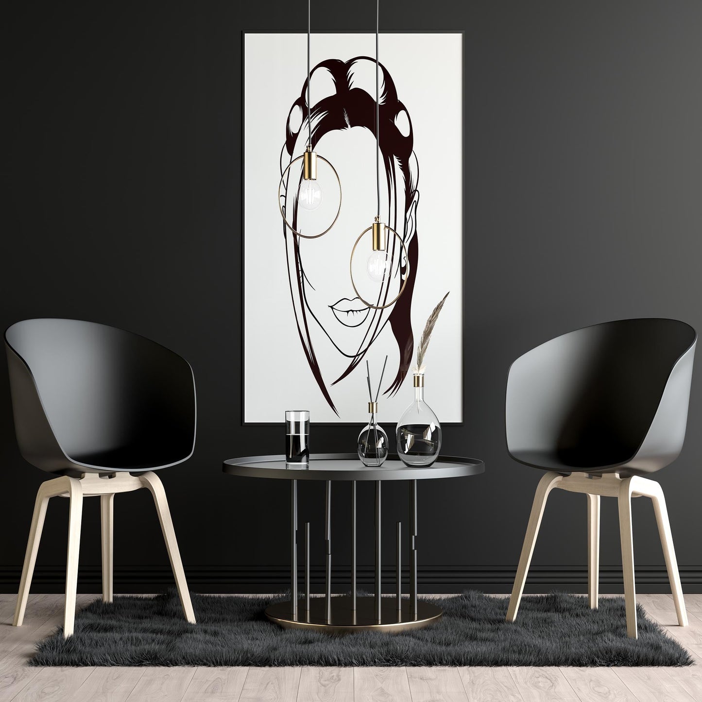 Digitalized art line drawing of a stylized human face displayed in a modern room setting.