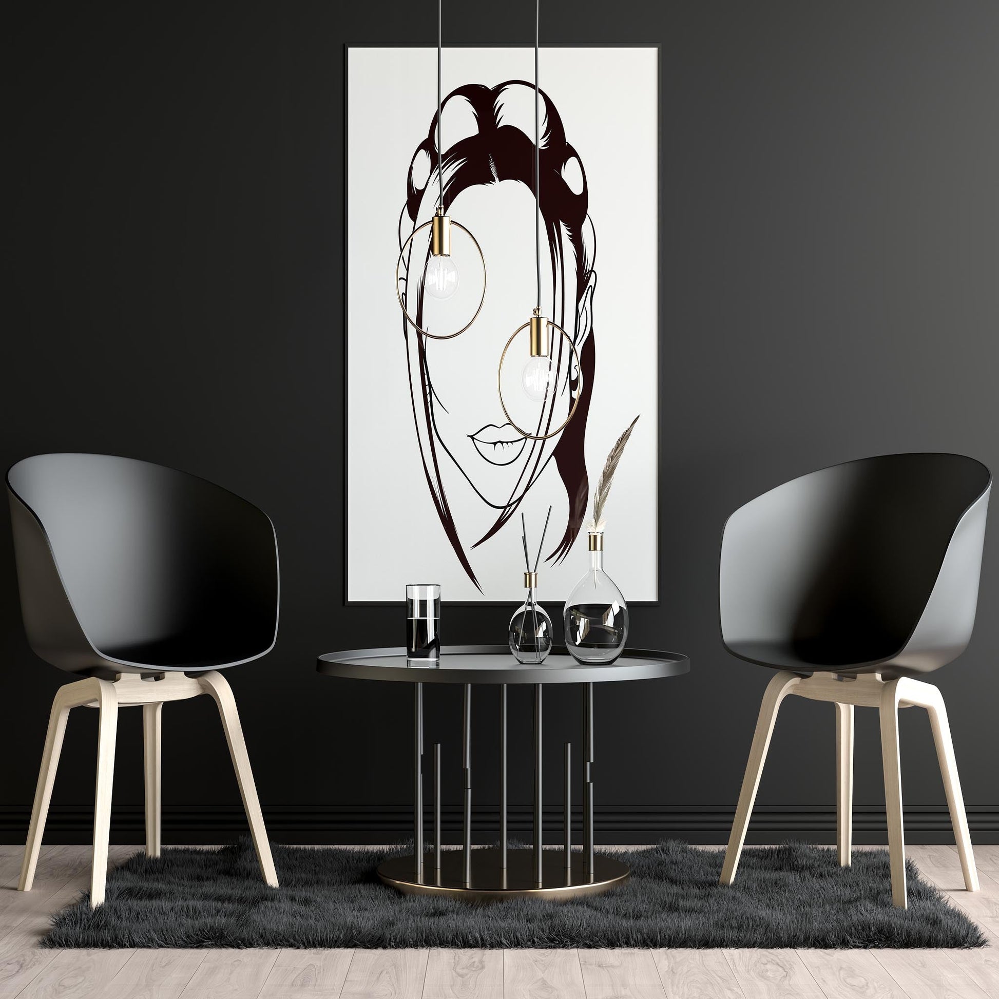 Digitalized art line drawing of a stylized human face displayed in a modern room setting.