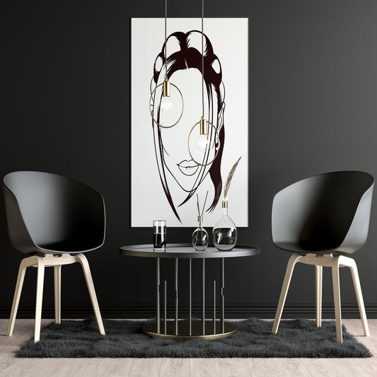 Digitalized art line drawing of a stylized human face displayed in a modern room setting.