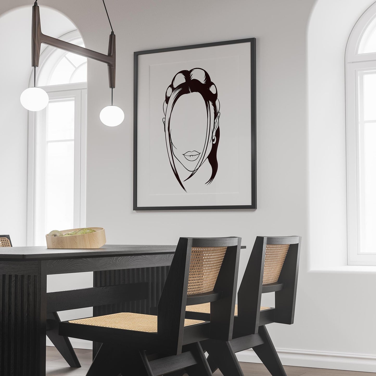 Line art of character and human faces model 16 displayed in a modern room.