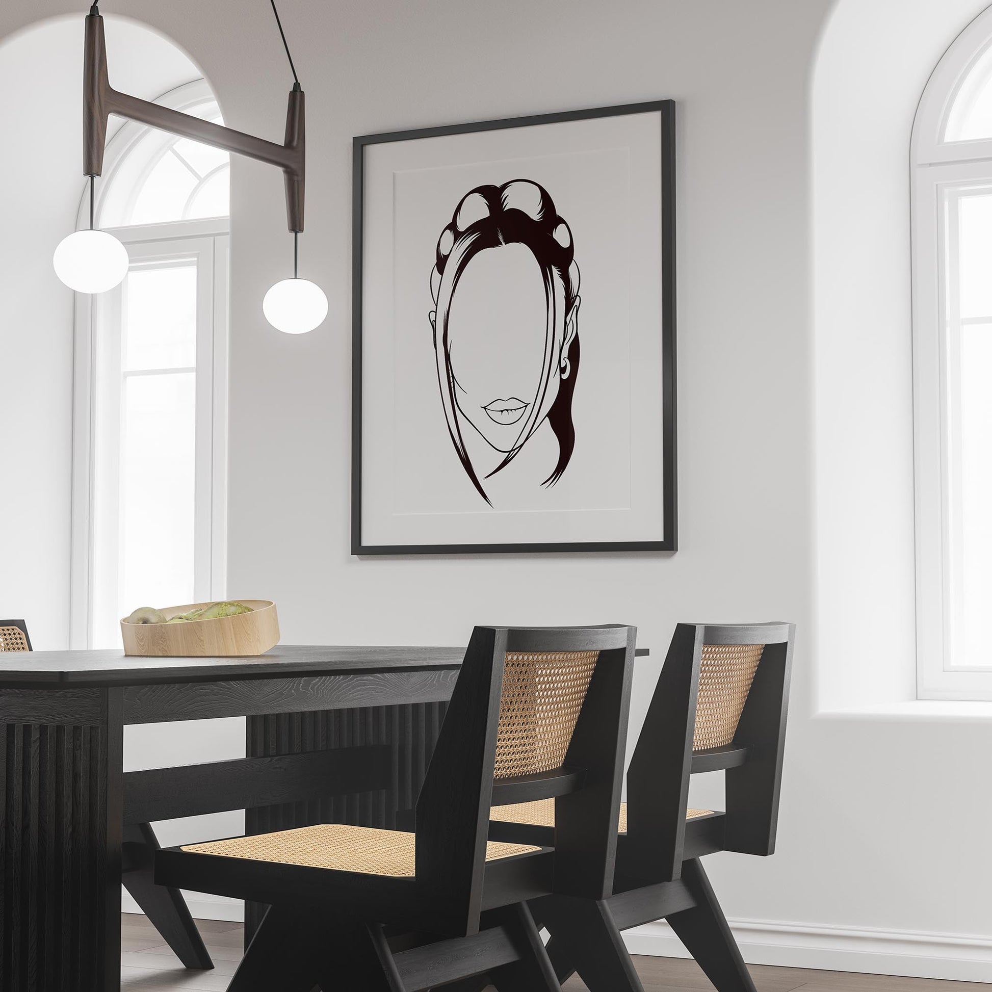 Line art of character and human faces model 16 displayed in a modern room.