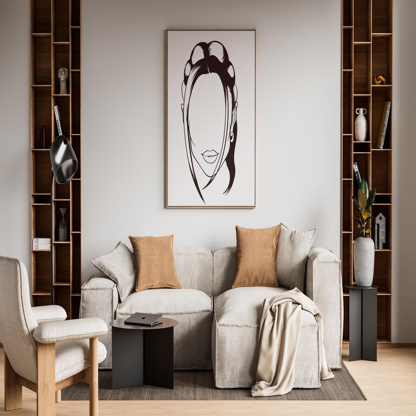 Digital line art of a human face displayed in a modern living room setting.