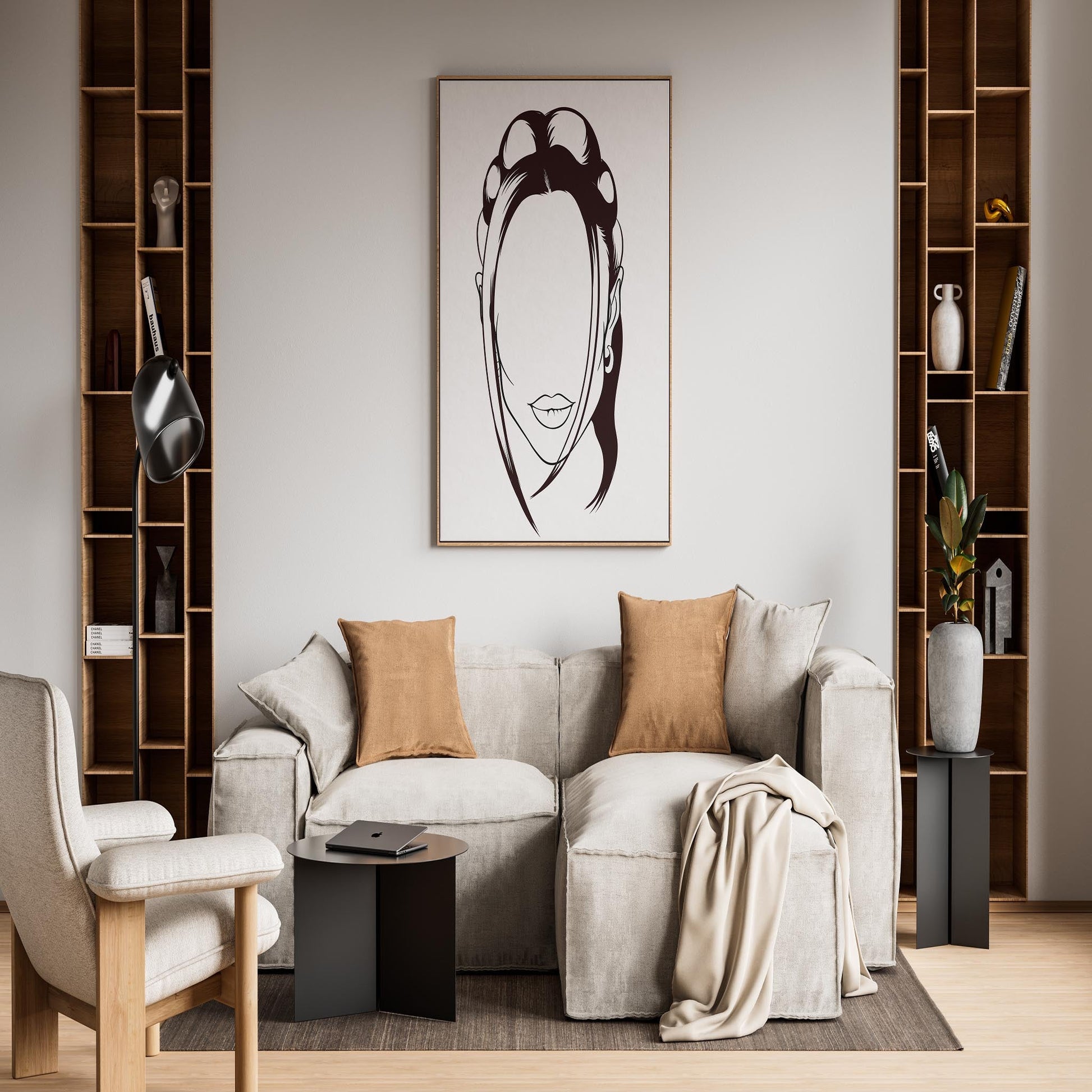 Digital line art of a human face displayed in a modern living room setting.