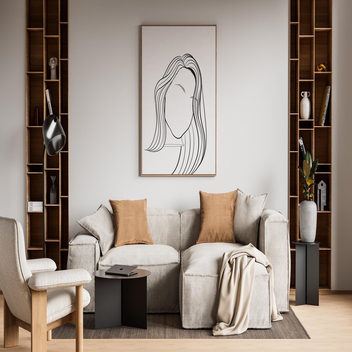 Line art of character and human faces displayed in modern living room setting.