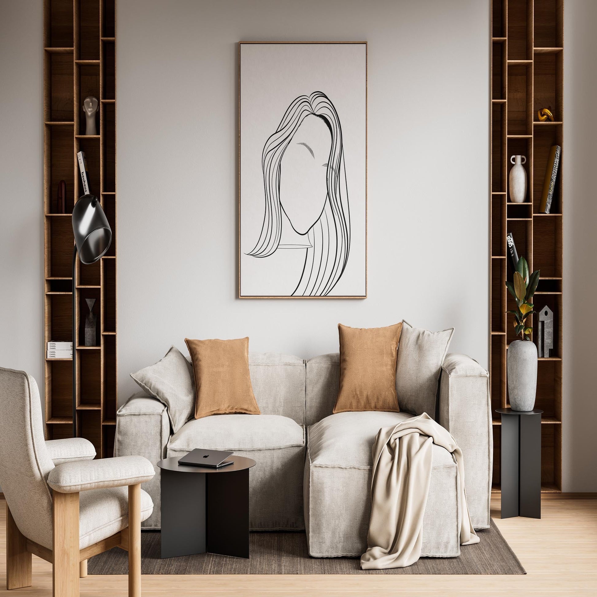 Line art of character and human faces displayed in modern living room setting.