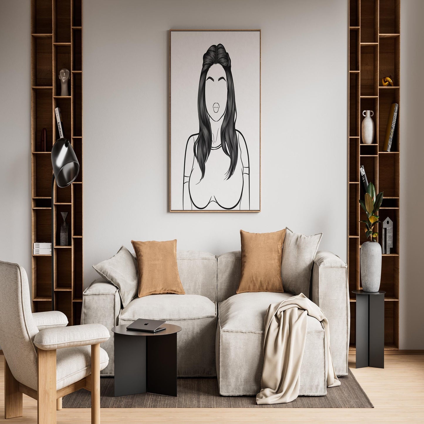 Character and Human Faces Model 18 line art on wall in modern living room.