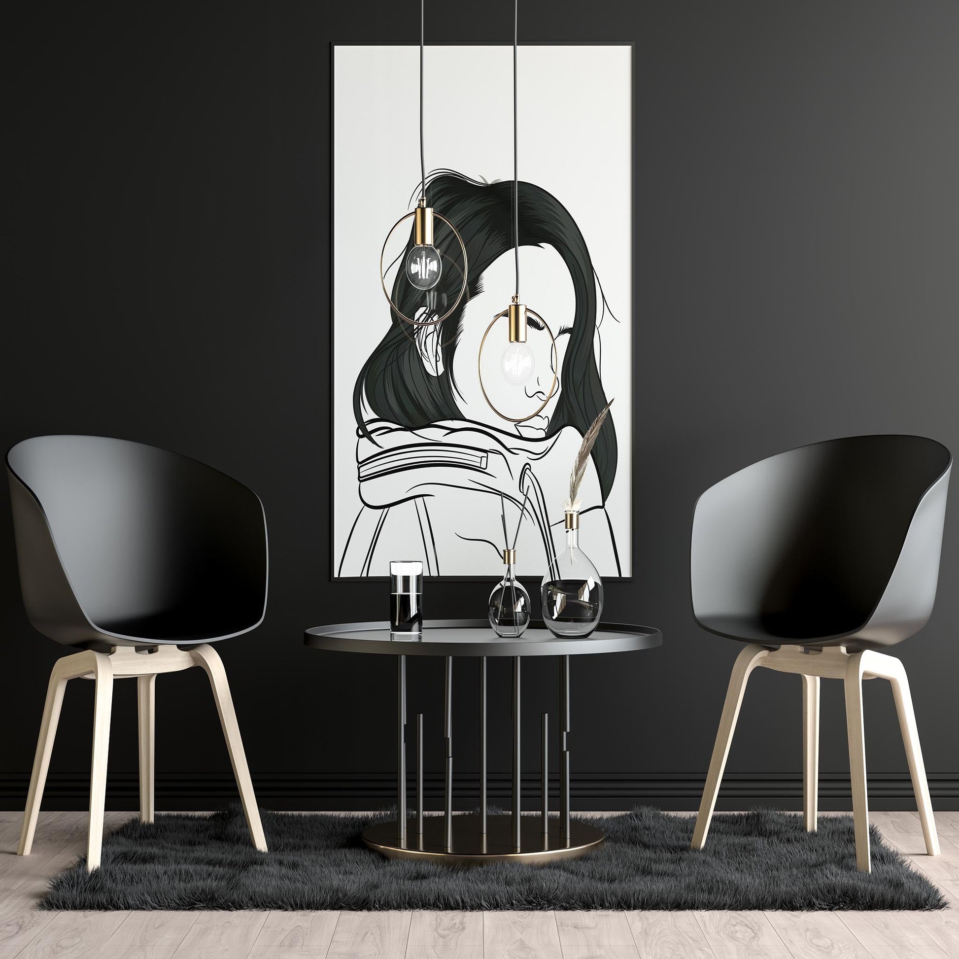 Character & Human Faces Model 19 line art displayed on a dark wall with modern chairs and table.