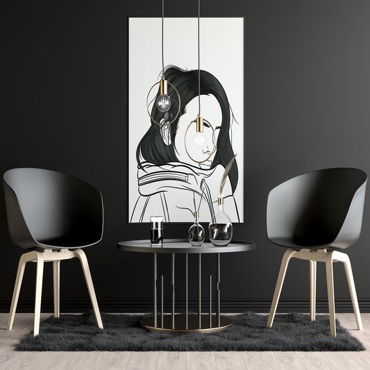 Character & Human Faces Model 19 line art displayed on a dark wall with modern chairs and table.