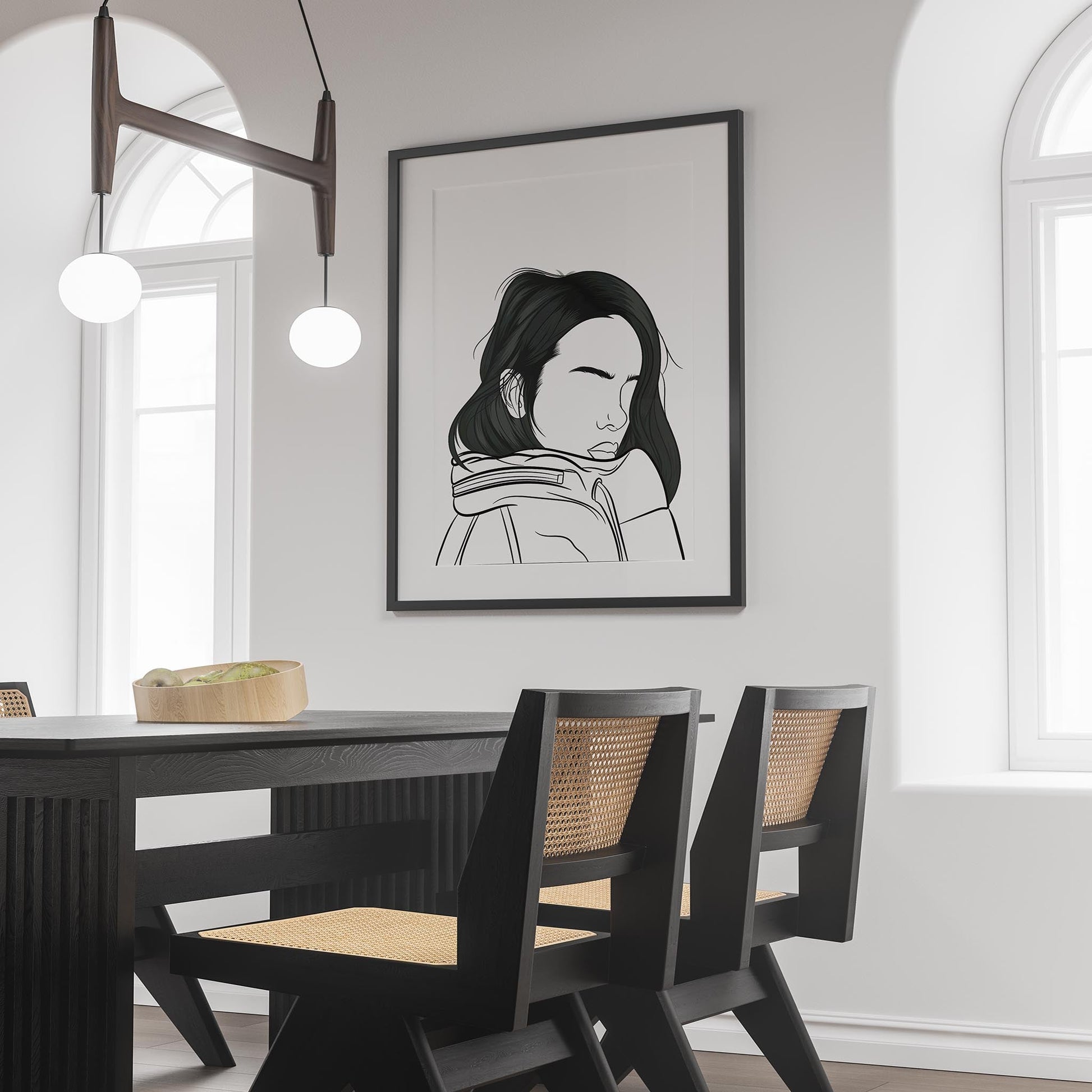 Character & Human Faces Model 19 - Digitalized line art displayed on wall in modern dining room.